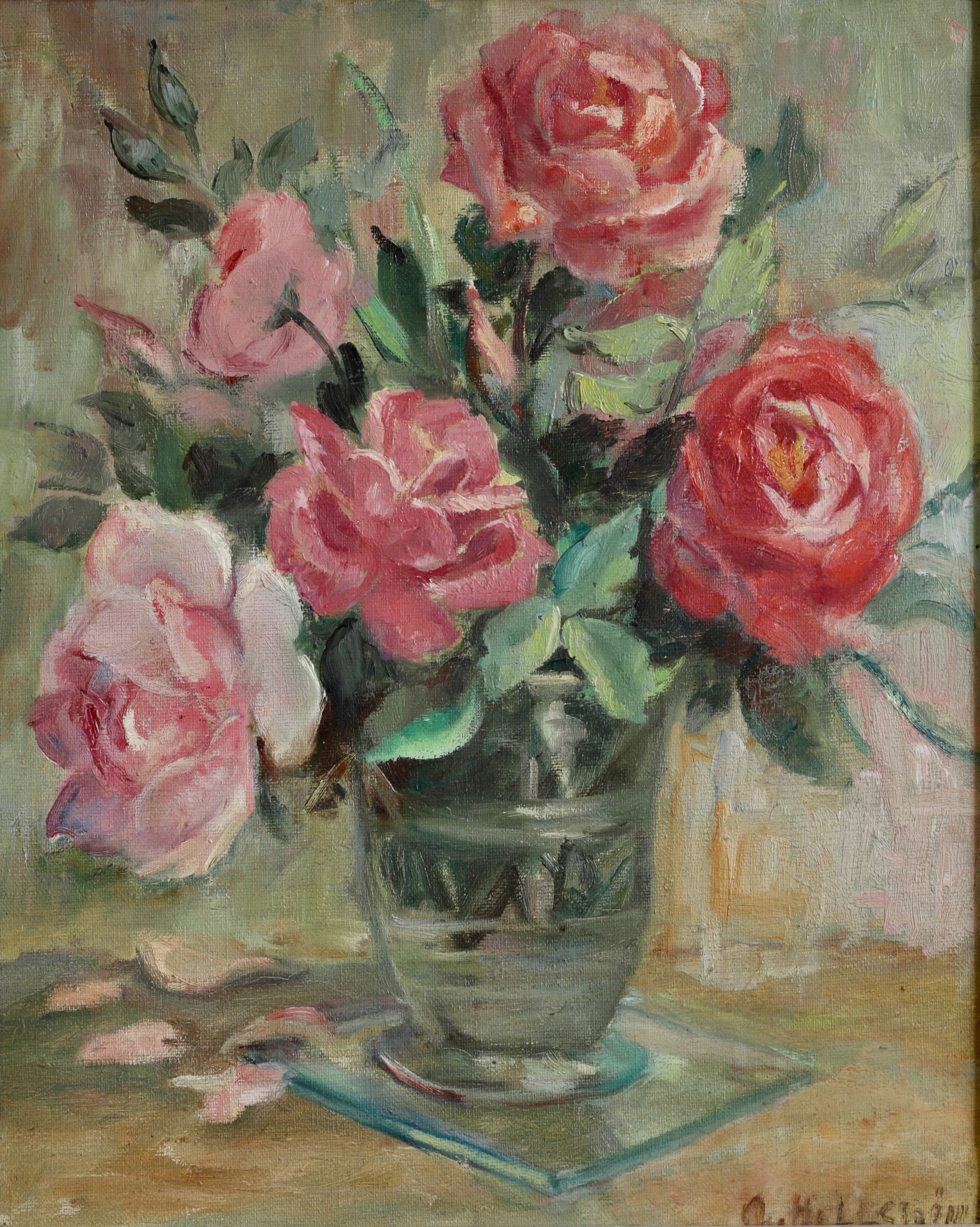 Original Mid Century Still Life Oil Painting Roses from Sweden