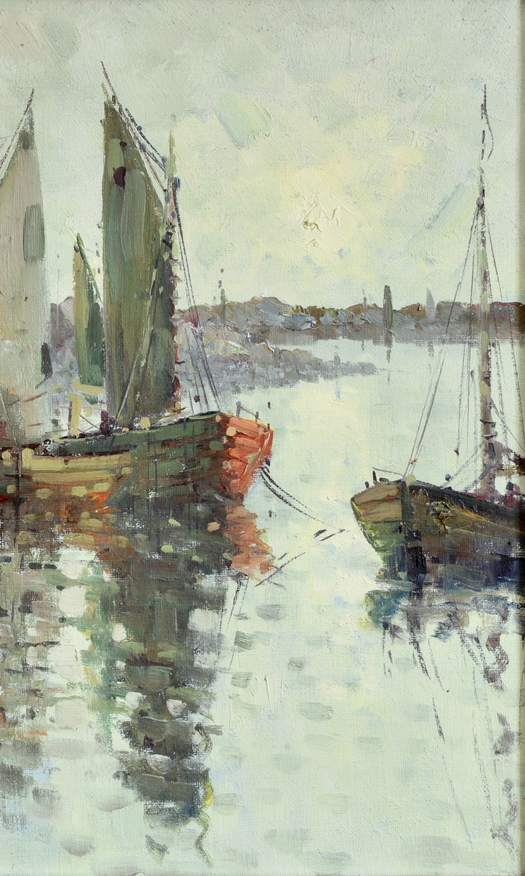 Mid Century Original Vintage Harbor Oil Painting from Sweden