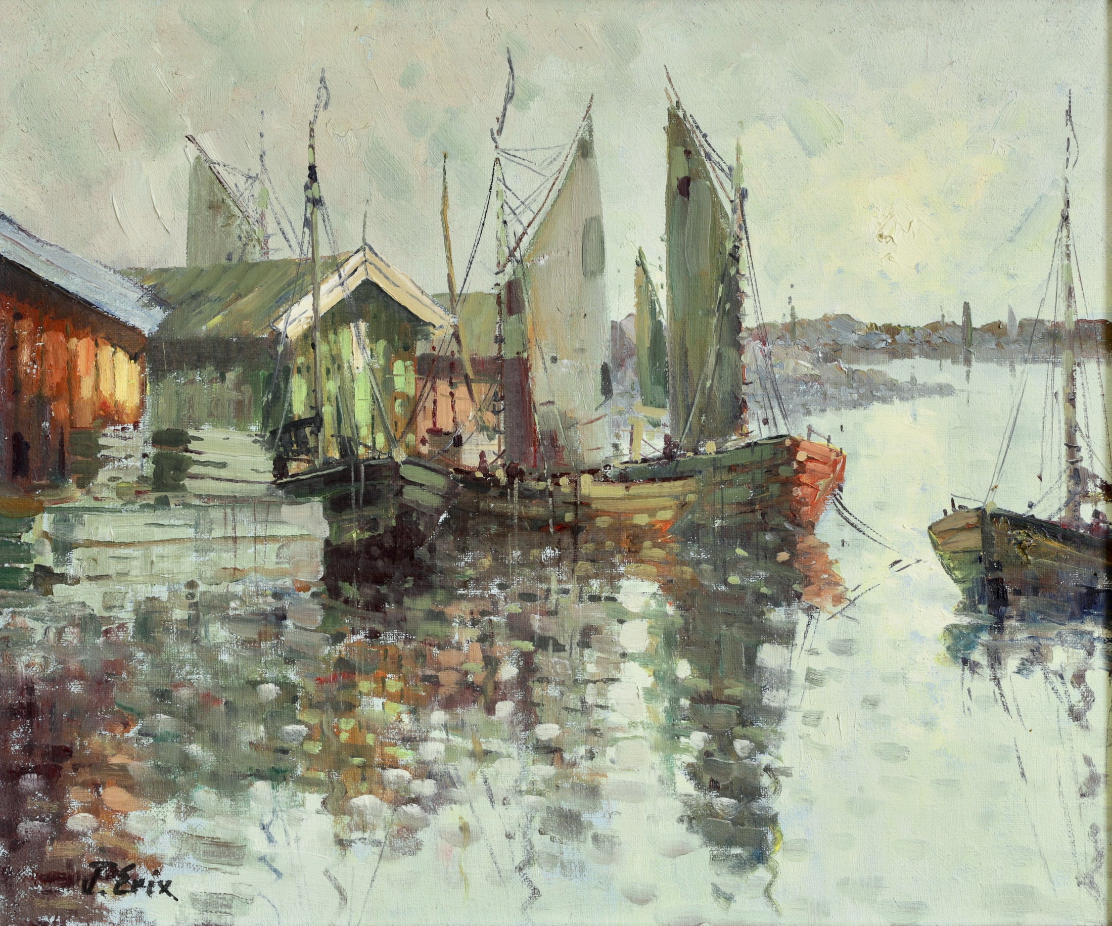 Mid Century Original Vintage Harbor Oil Painting from Sweden