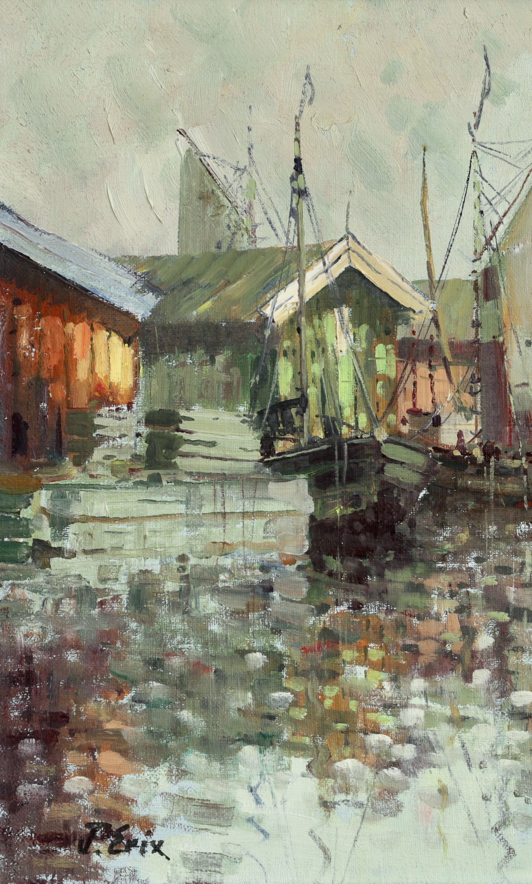 Mid Century Original Vintage Harbor Oil Painting from Sweden