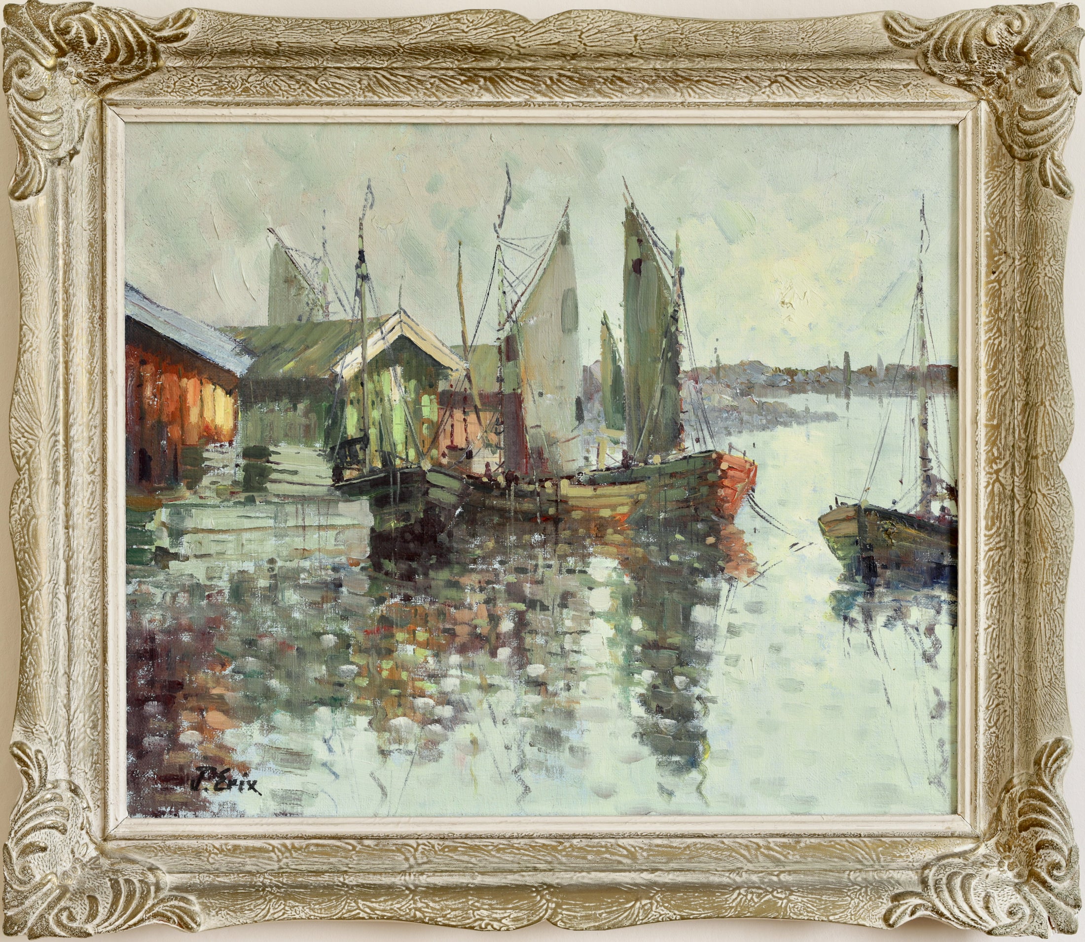 Mid Century Original Vintage Harbor Oil Painting from Sweden