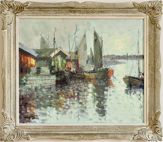 Mid Century Original Vintage Harbor Oil Painting from Sweden
