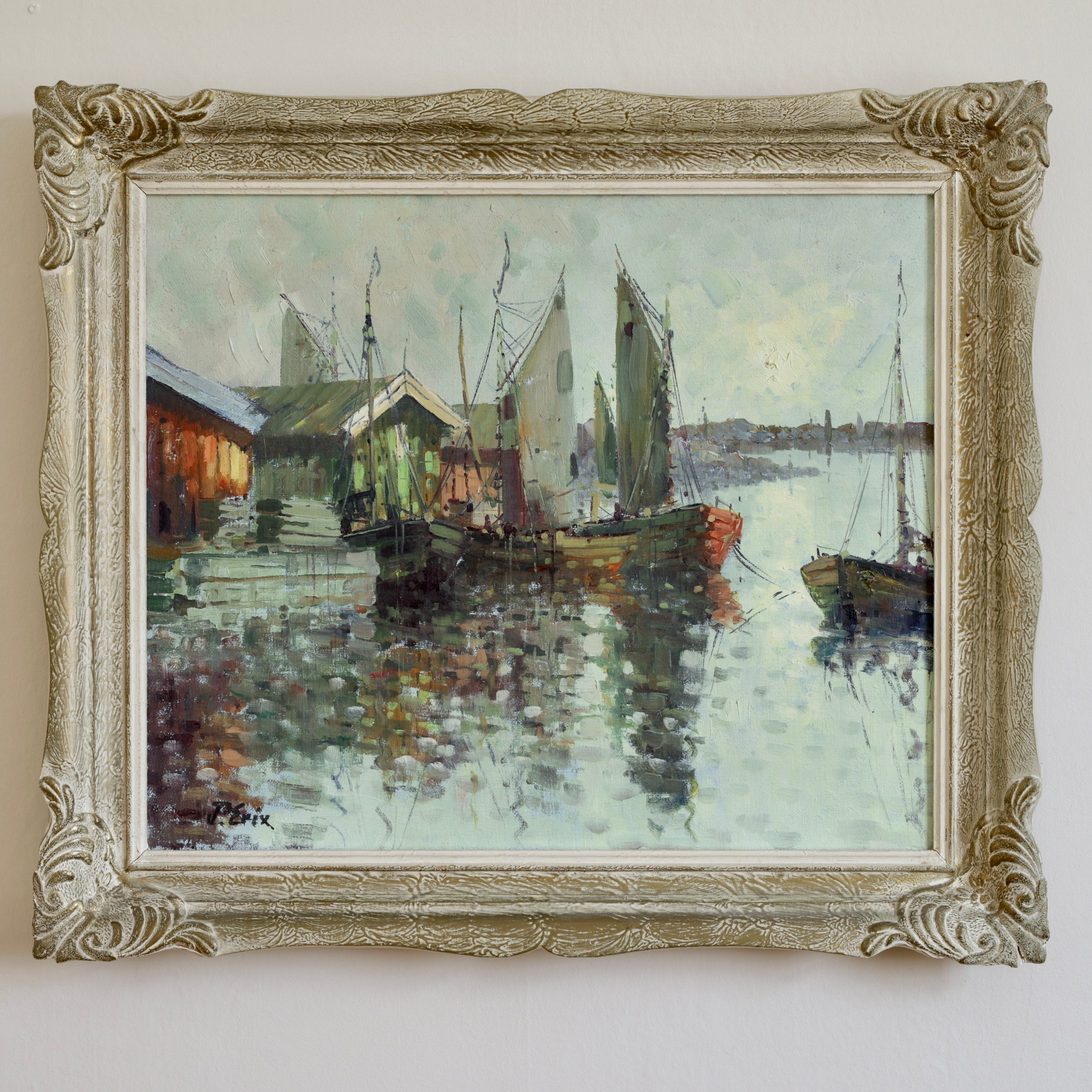 Mid Century Original Vintage Harbor Oil Painting from Sweden