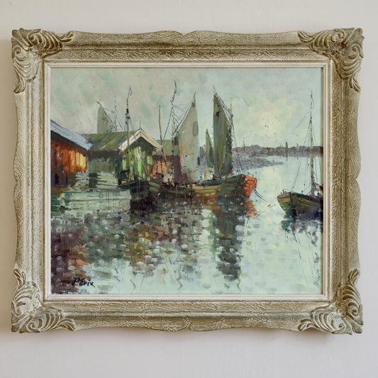Mid Century Original Vintage Harbor Oil Painting from Sweden