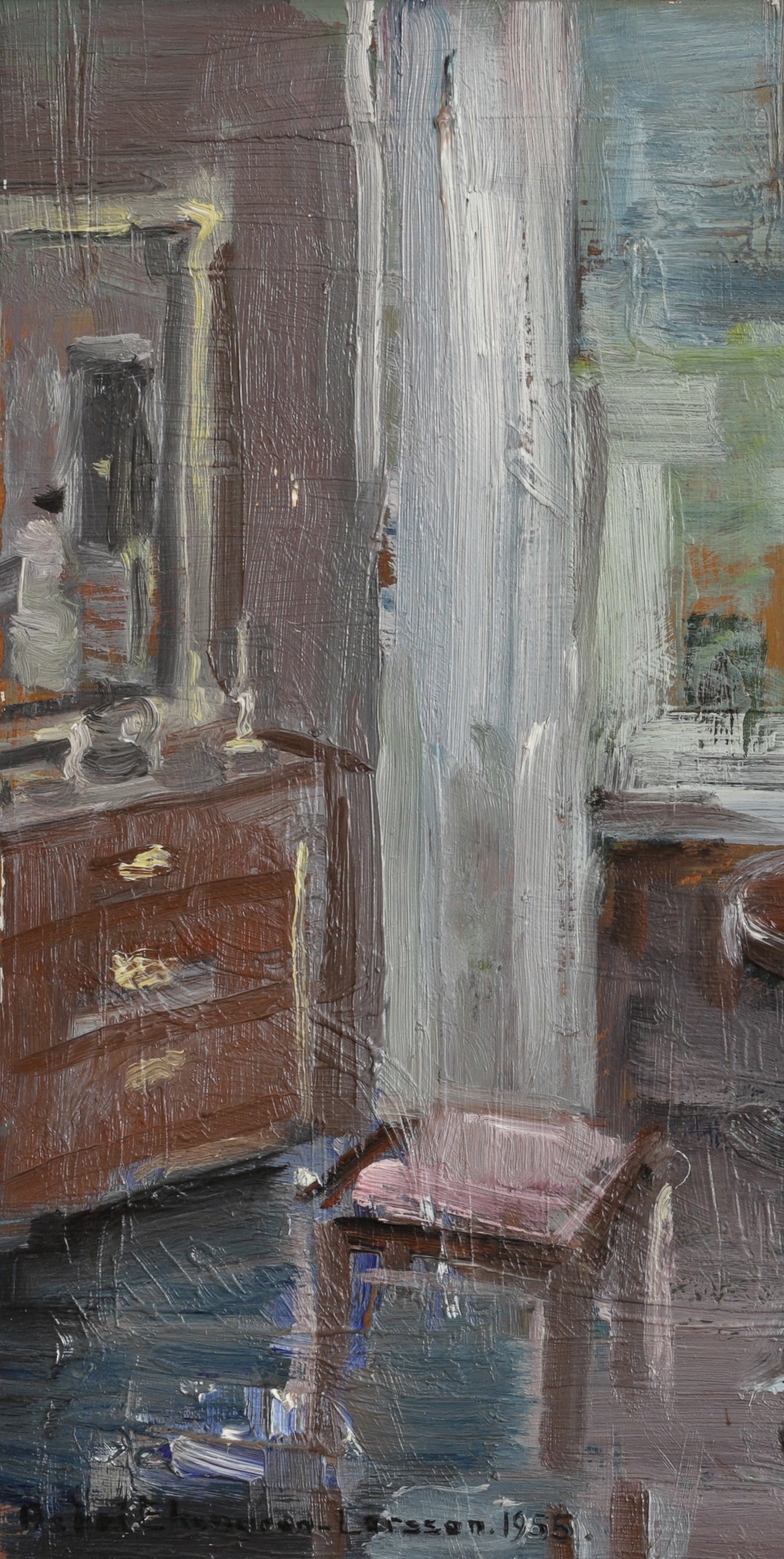 Swedish Vintage Figure in Interior Oil Painting From Sweden