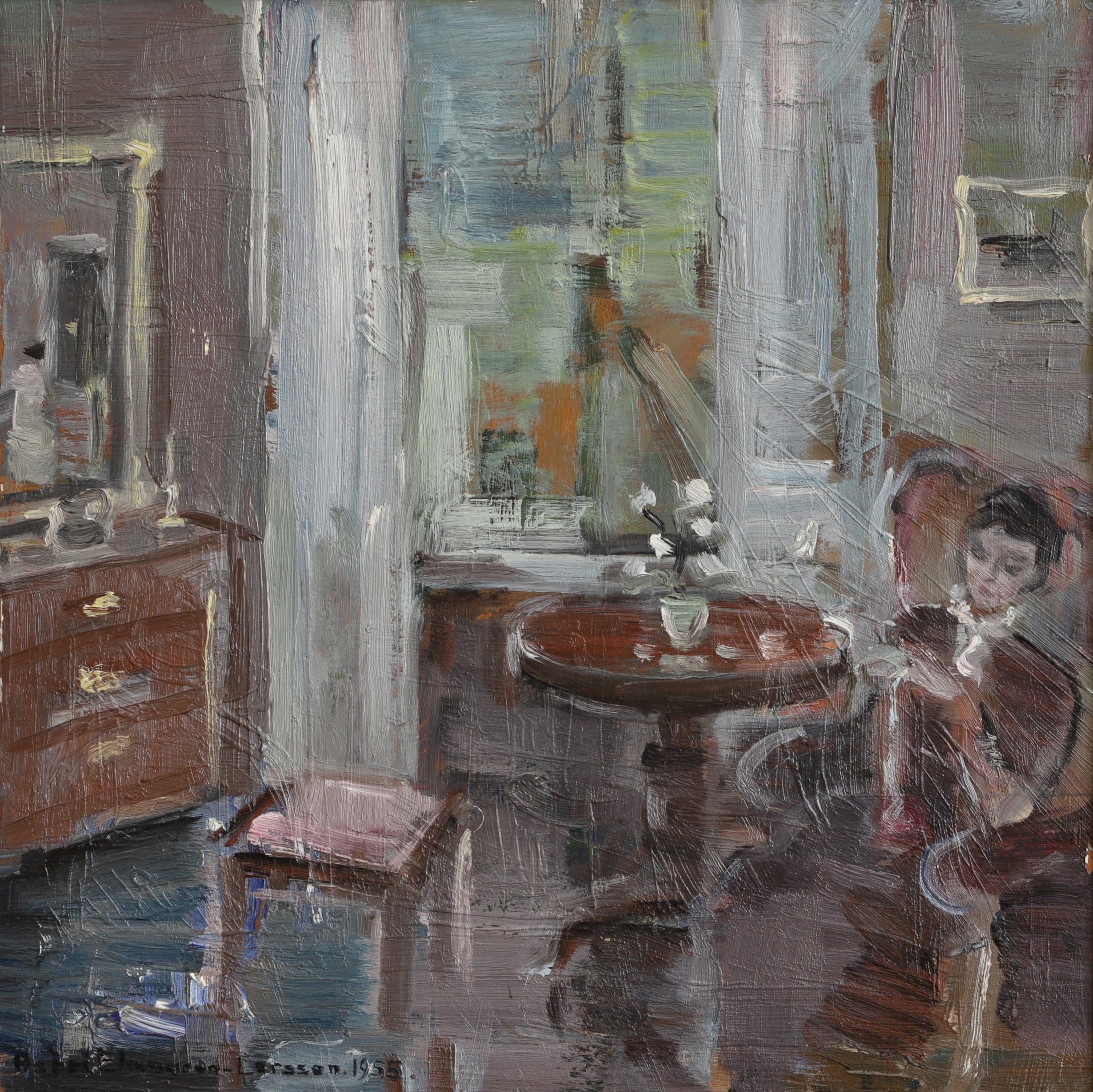 Swedish Vintage Figure in Interior Oil Painting From Sweden