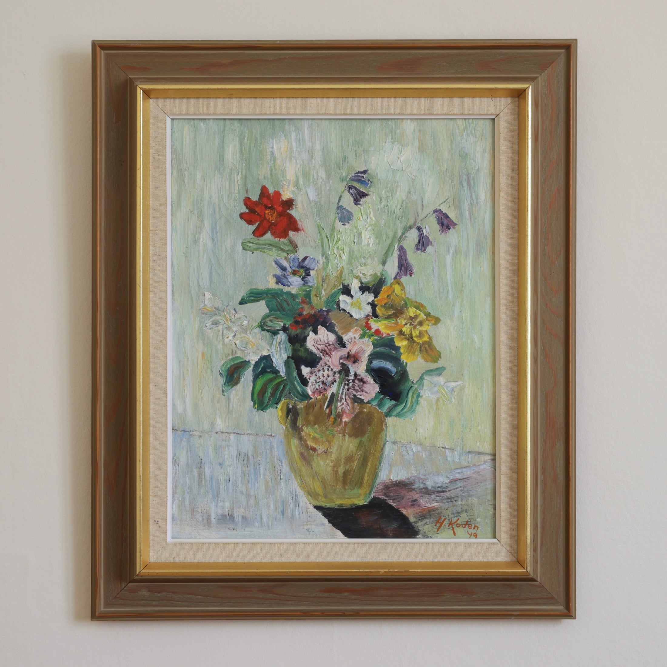 Vintage Art Original Mid Century Floral Still Life Oil Painting 1949