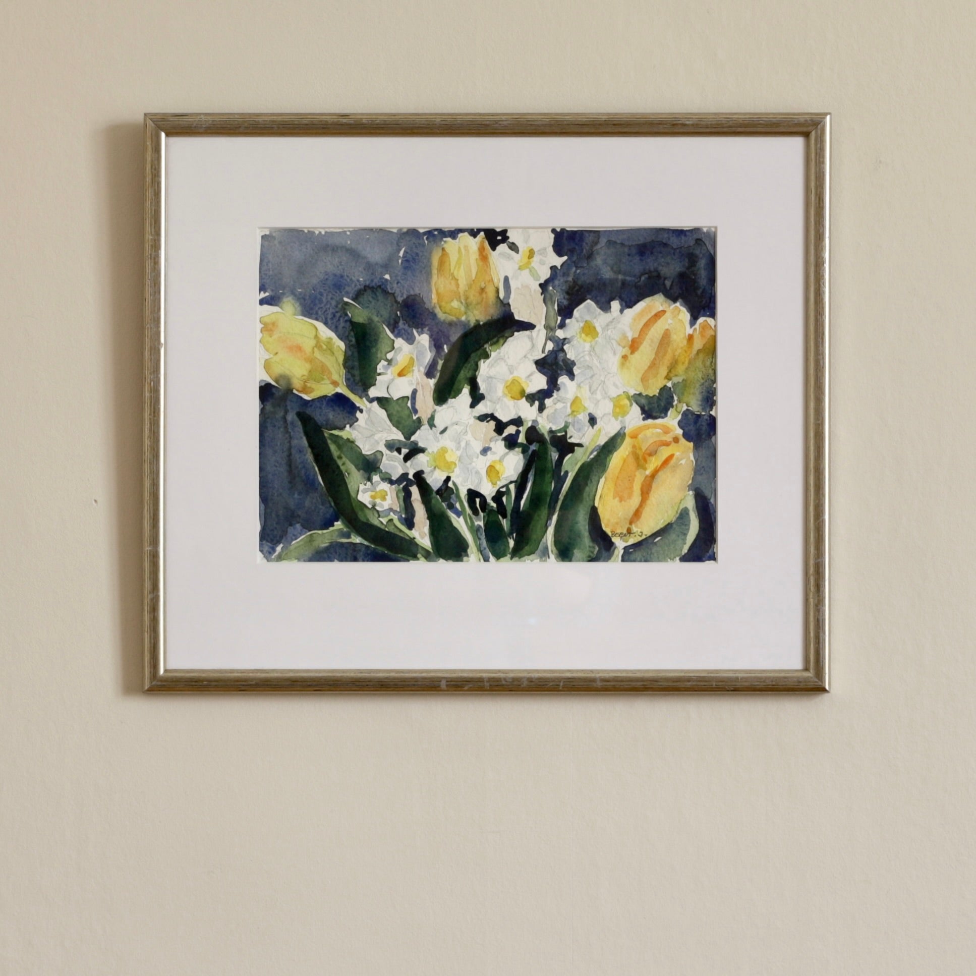 Original Vintage Watercolor of Spring Flowers from Sweden