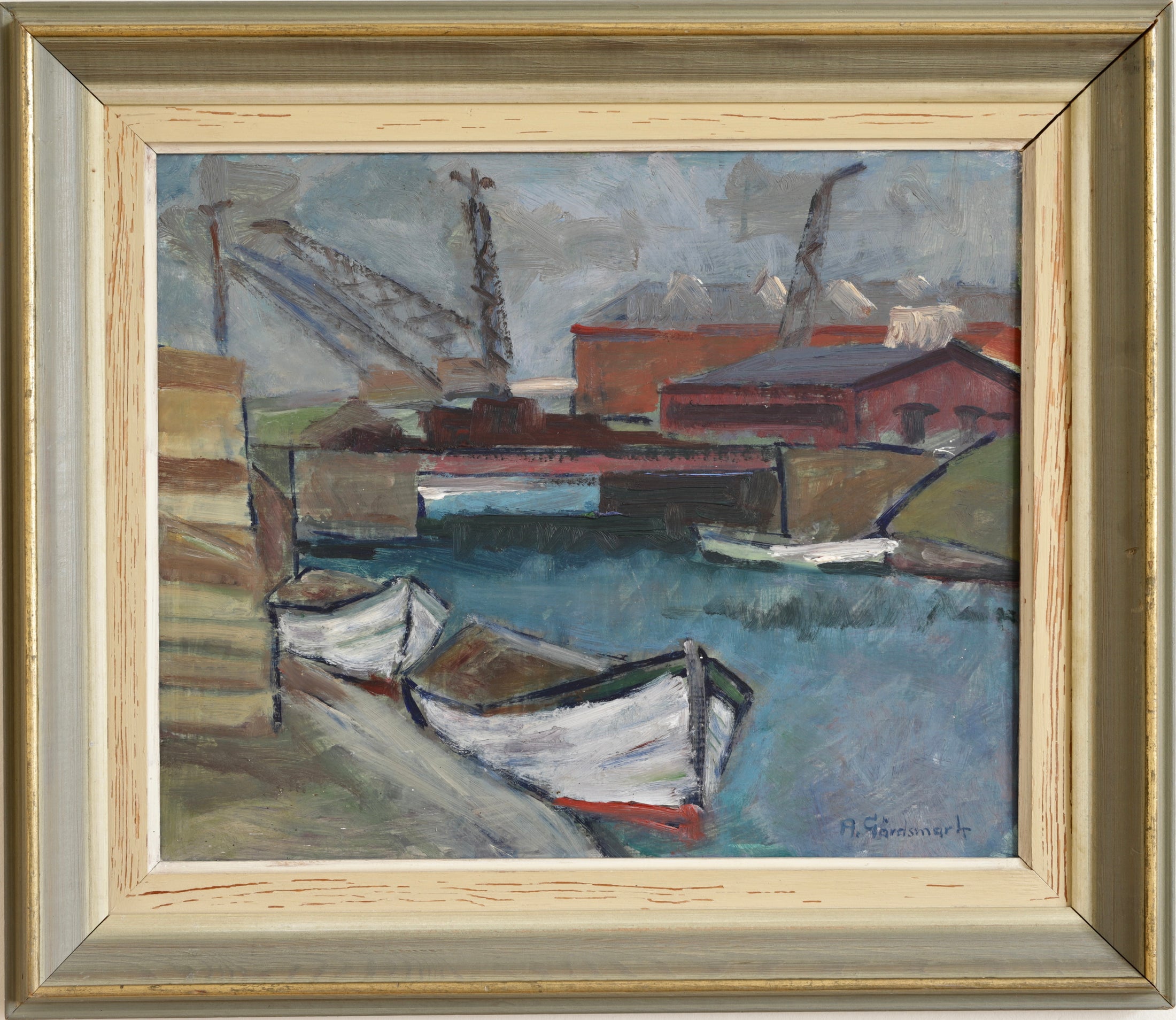 Vintage Seascape Oil Painting Fine Art Original of Boat in Harbor