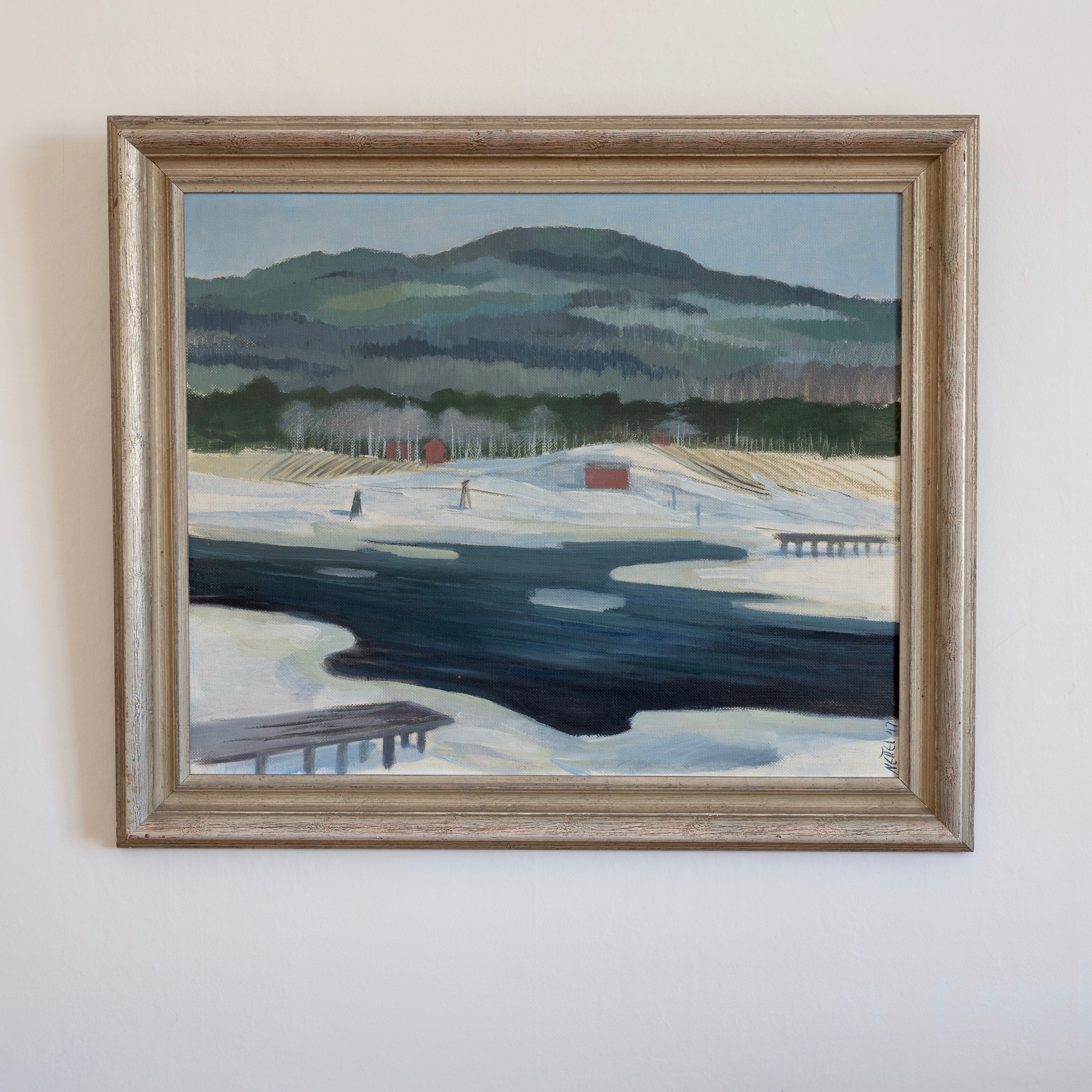 Mid Century Vintage Original Winterscape Oil Painting from Sweden