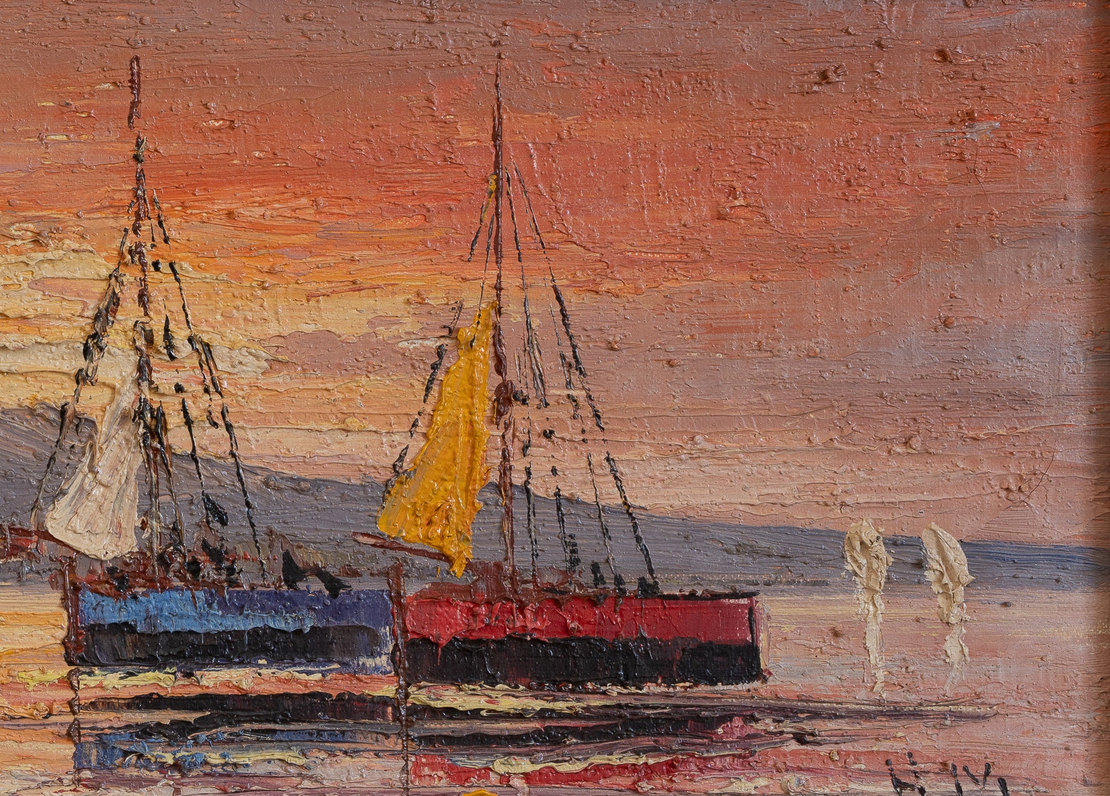 Vintage Art Room Mid Century Harbor Oil Painting from Sweden