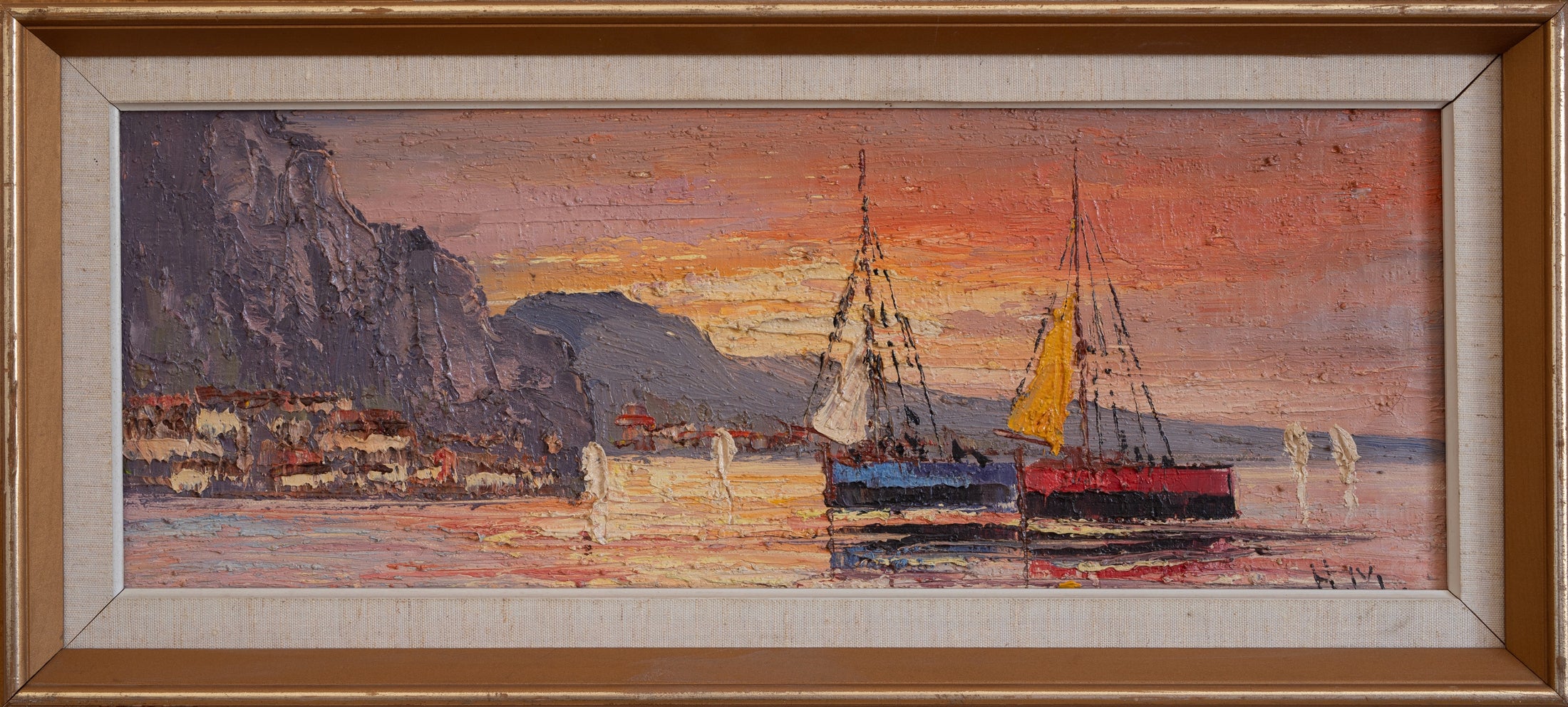 Vintage Art Room Mid Century Harbor Oil Painting from Sweden