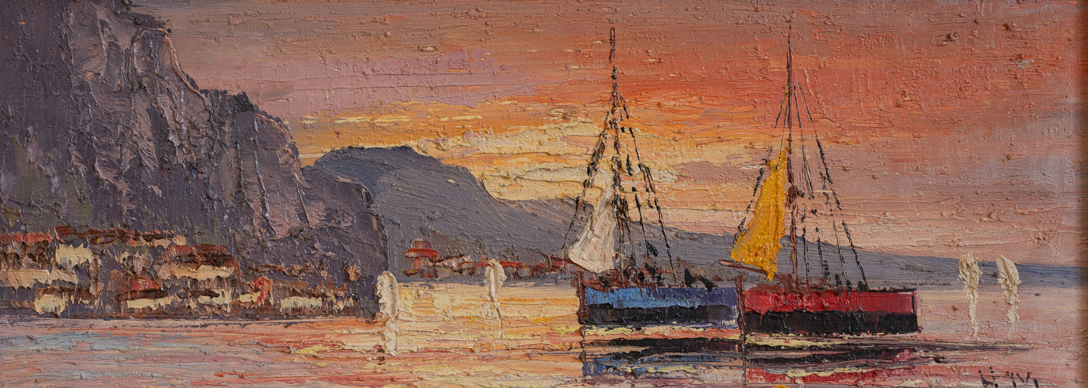 Vintage Art Room Mid Century Harbor Oil Painting from Sweden