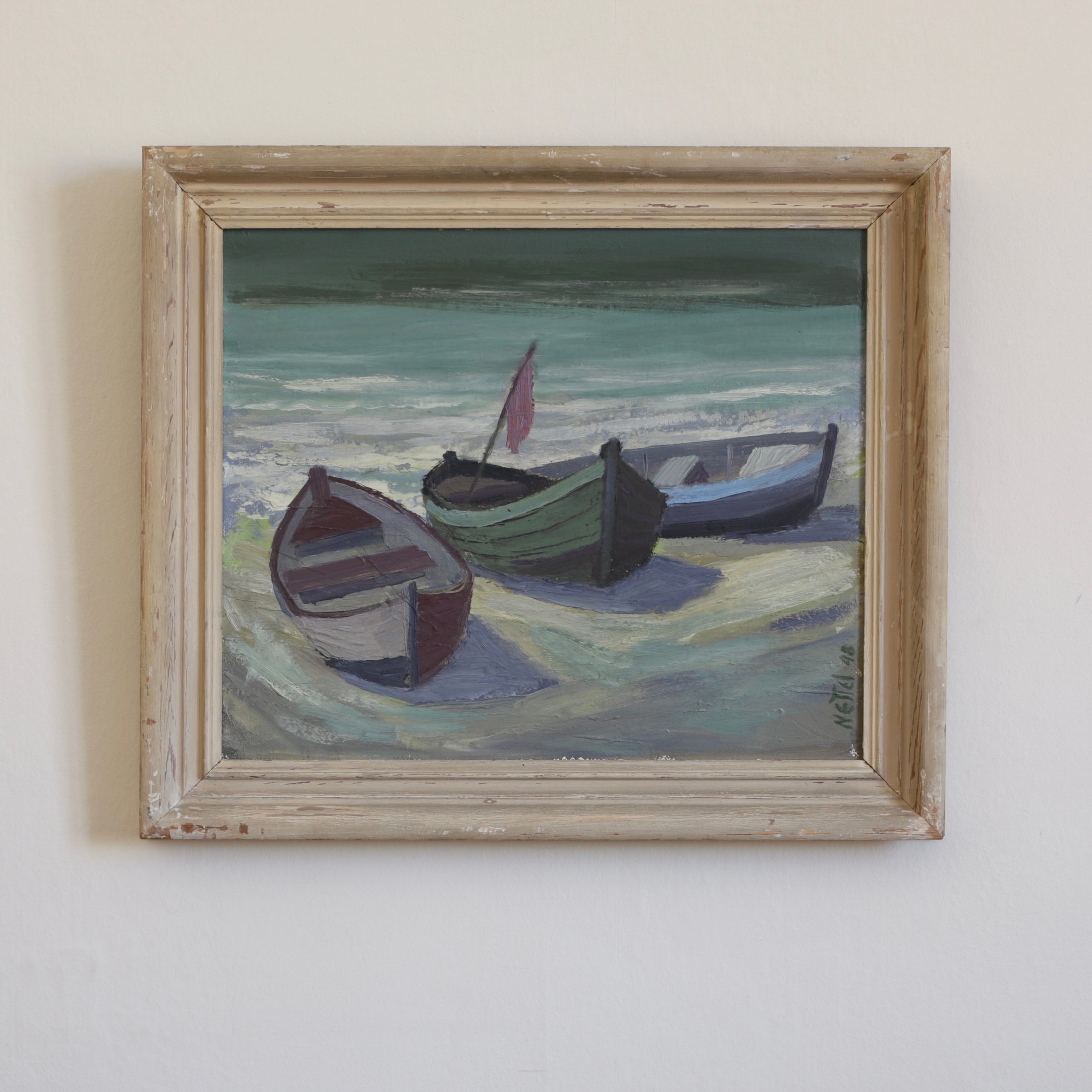 Original Oil Painting Vintage Mid Century Coastal Oil Painting From Sweden