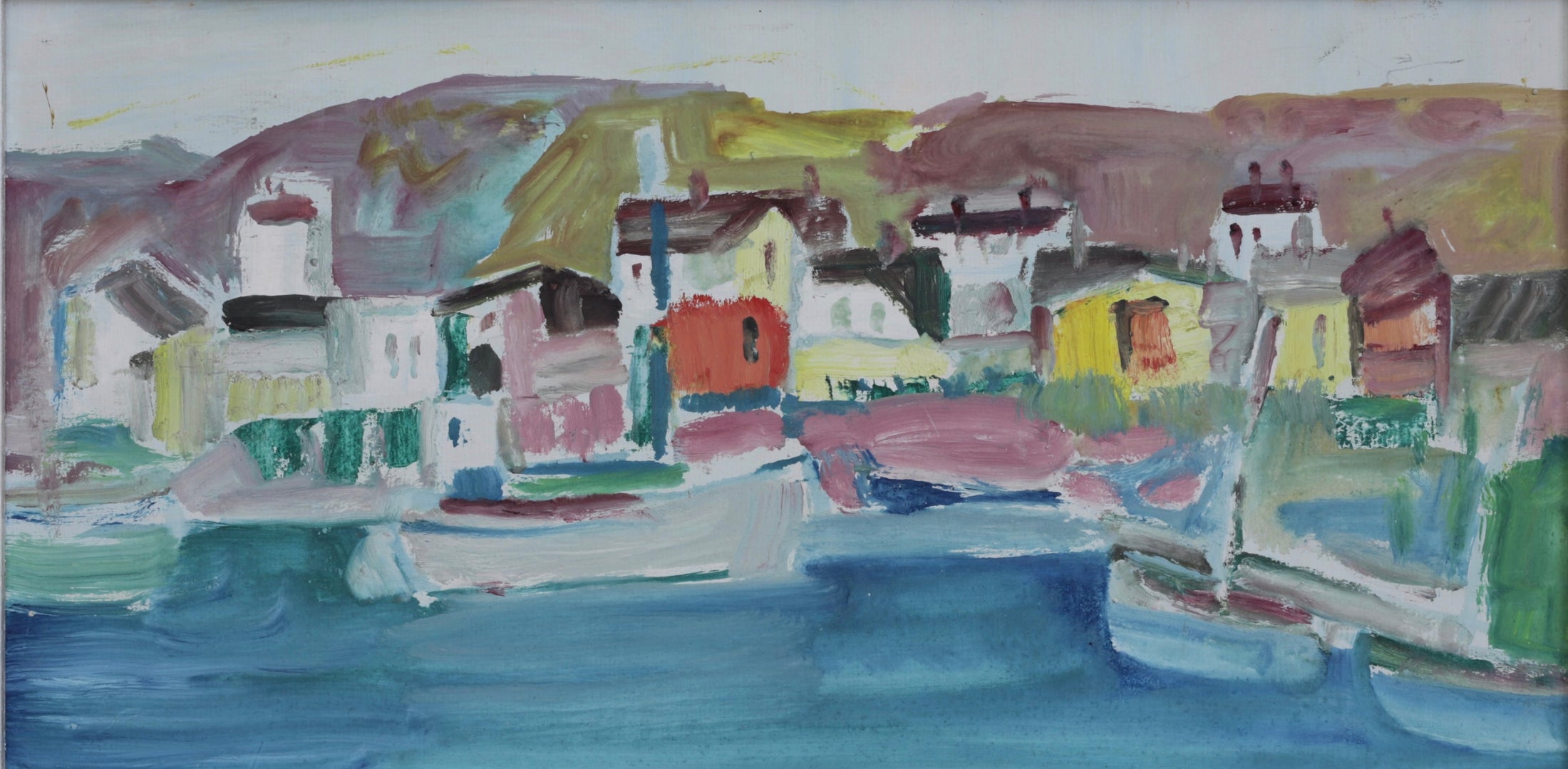 Colorful Original Mid Century Harbor Oil Painting from Sweden