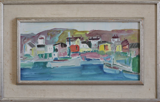 Colorful Original Mid Century Harbor Oil Painting from Sweden