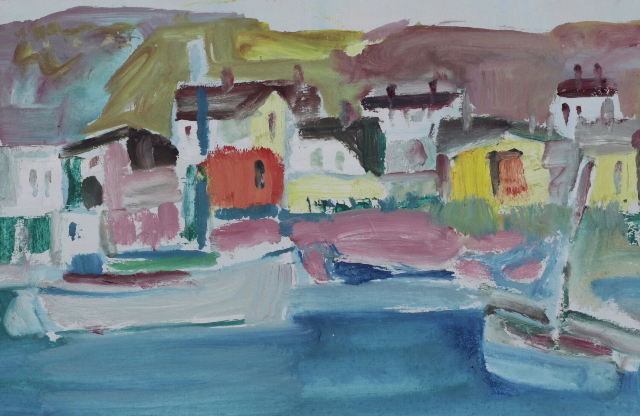 Colorful Original Mid Century Harbor Oil Painting from Sweden