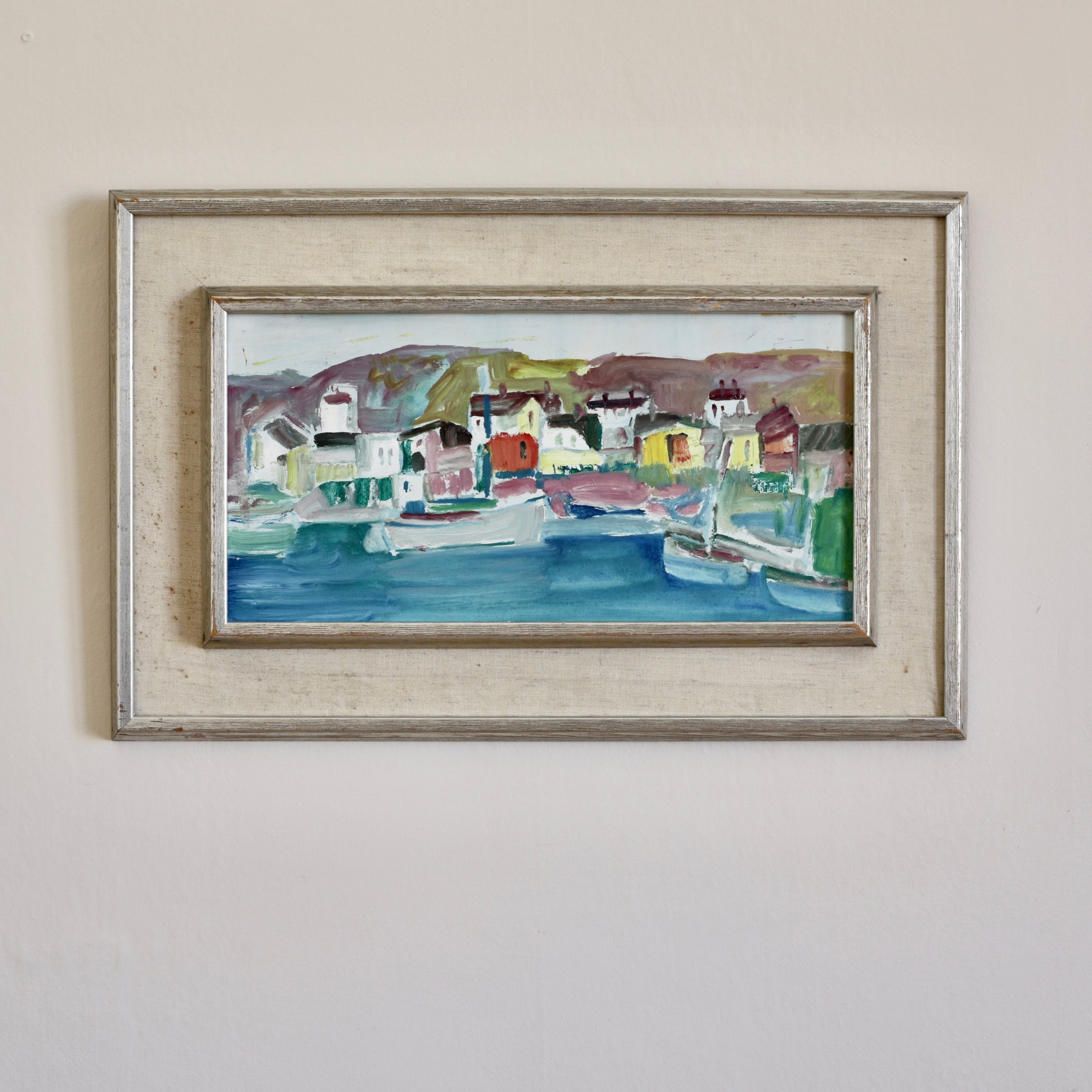 Colorful Original Mid Century Harbor Oil Painting from Sweden