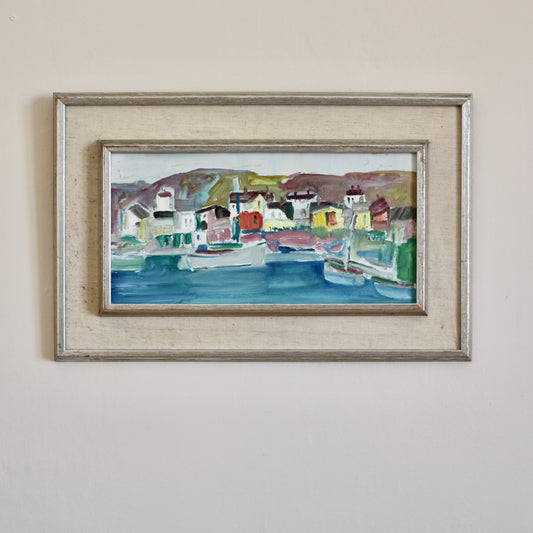 Colorful Original Mid Century Harbor Oil Painting from Sweden