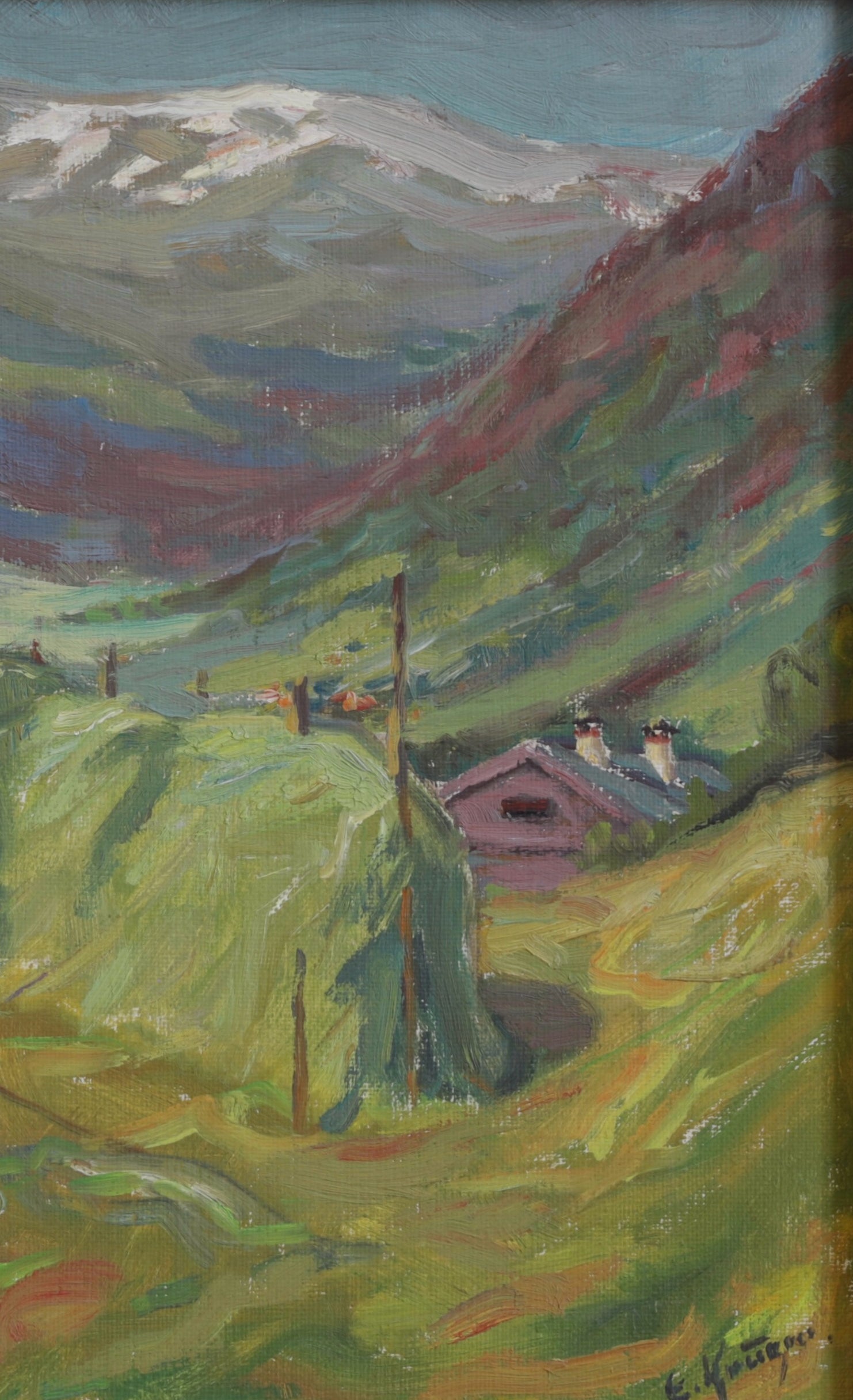 Vintage Landscape Oil Painting Haystack E Krüger Sweden
