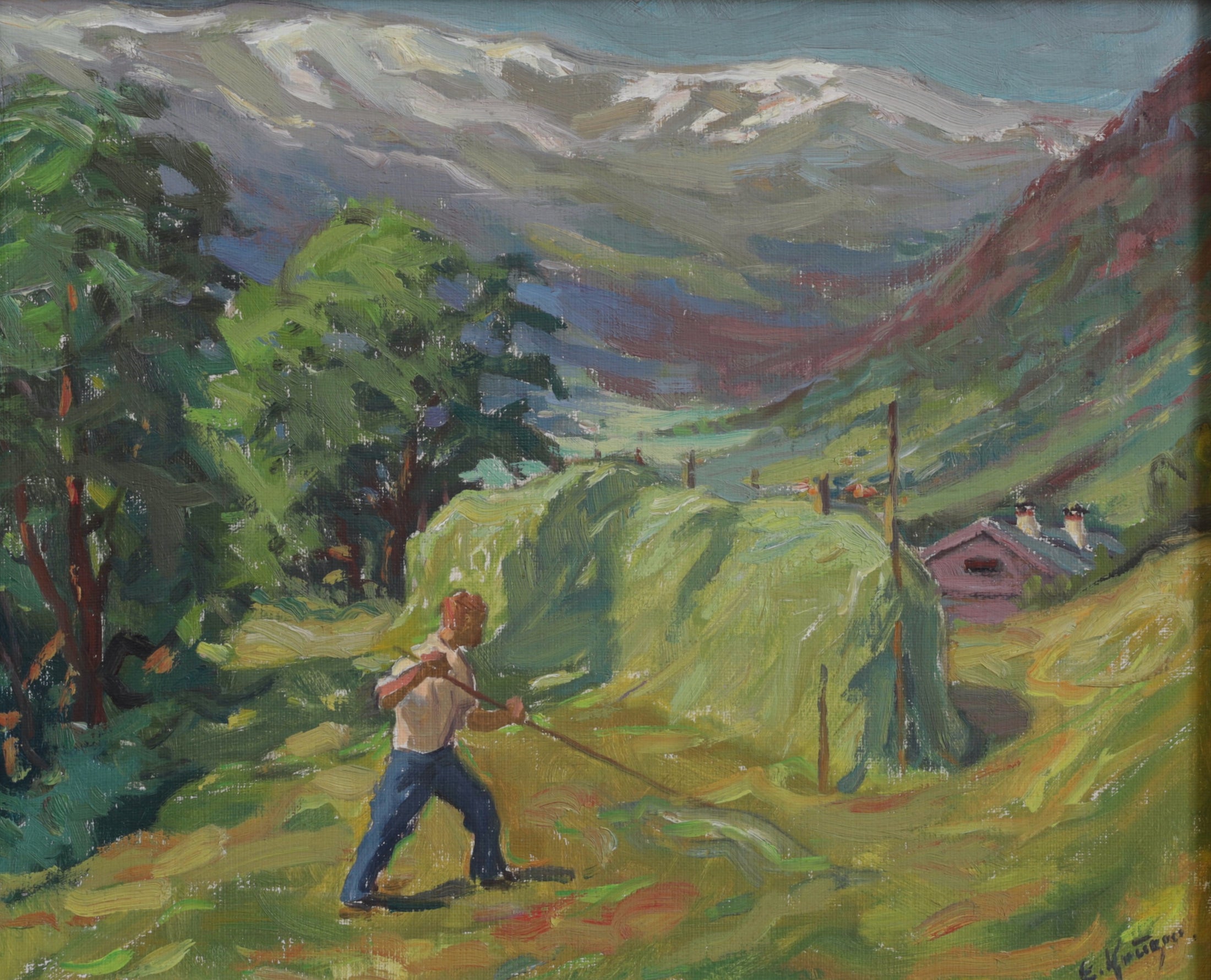 Vintage Landscape Oil Painting Haystack E Krüger Sweden