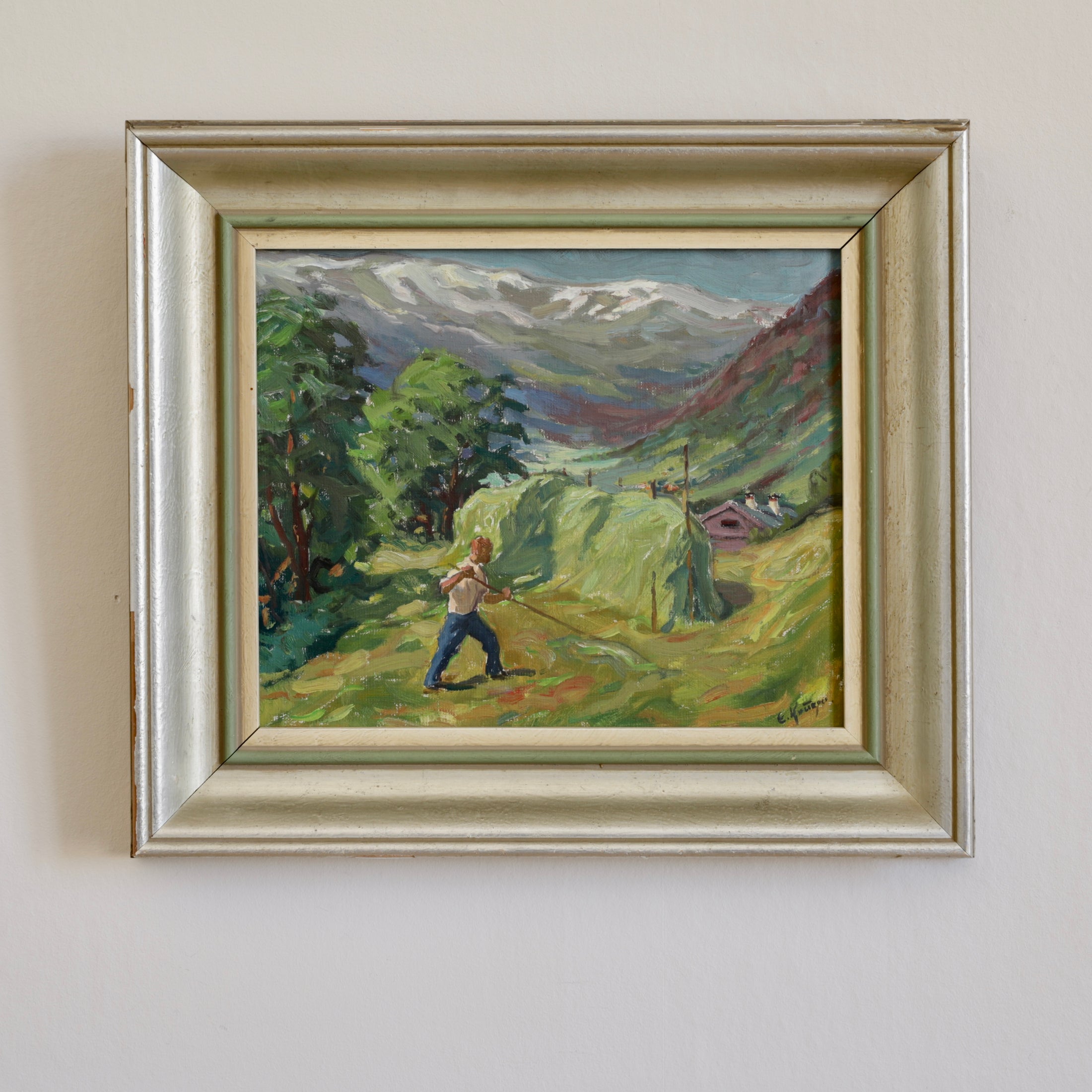 Vintage Landscape Oil Painting Haystack E Krüger Sweden