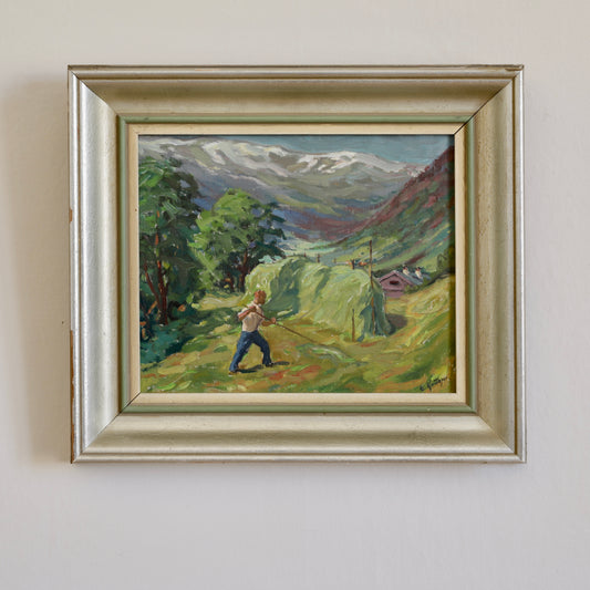 Vintage Landscape Oil Painting Haystack E Krüger Sweden