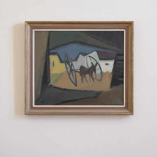 Mid Century 1950's Donkey and Cart Original Painting from Sweden