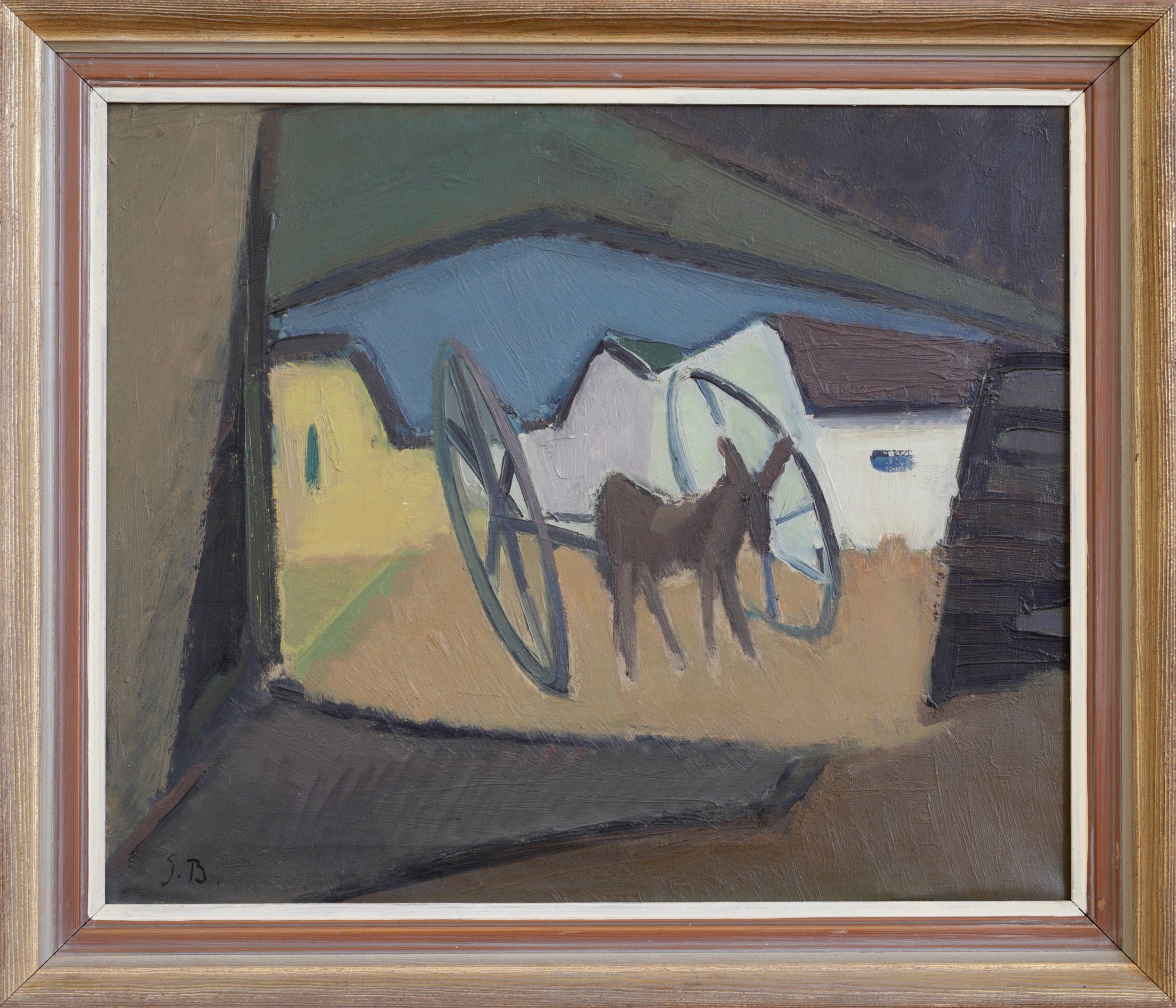 Mid Century 1950's Donkey and Cart Original Painting from Sweden