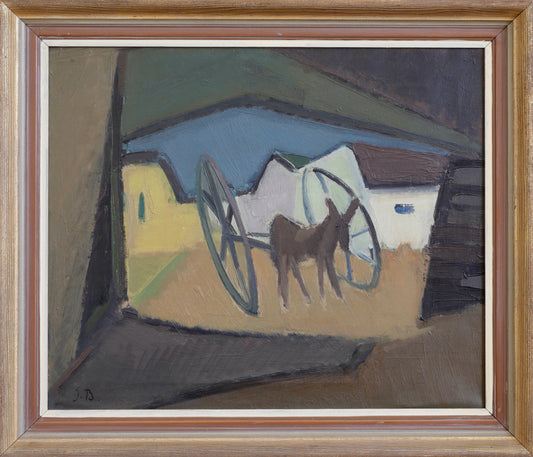 Mid Century 1950's Donkey and Cart Original Painting from Sweden