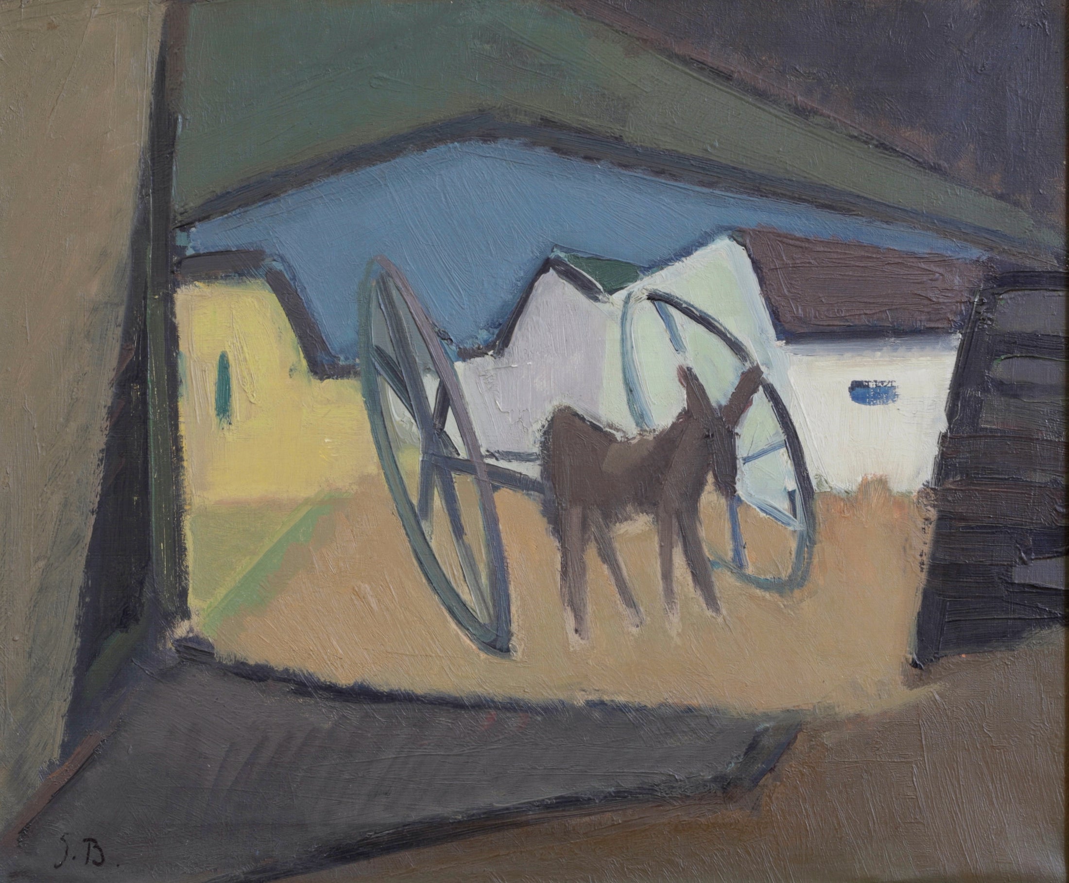 Mid Century 1950's Donkey and Cart Original Painting from Sweden