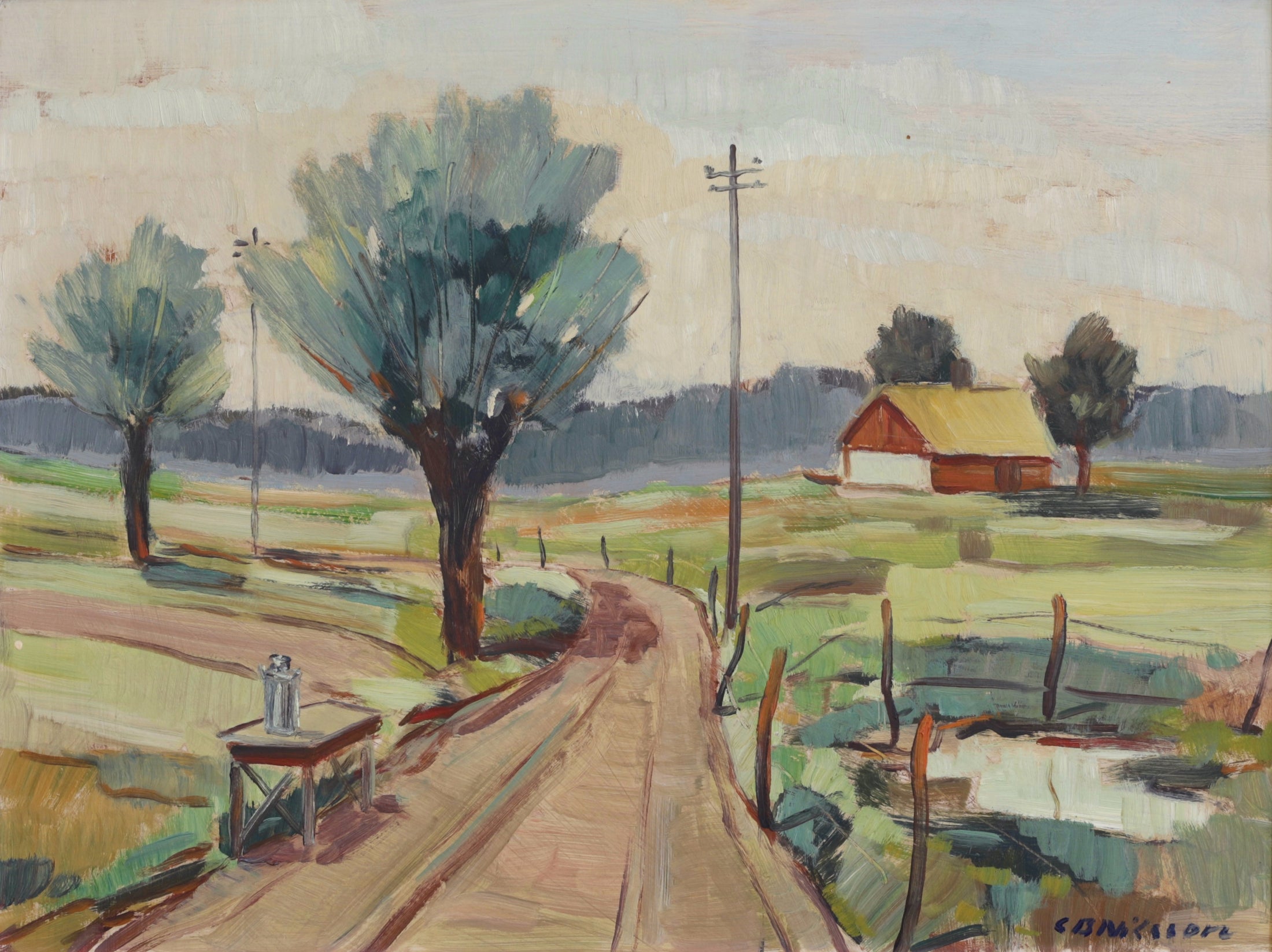 Colorful Vintage Original Farmhouse Oil Painting From Sweden