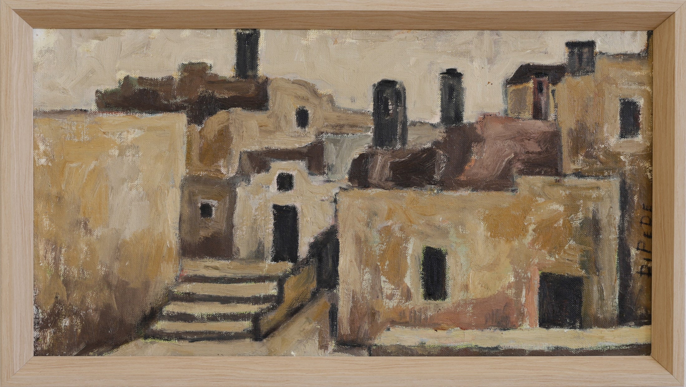 Vintage Art Room Original European Village Oil Painting from Sweden 1960's