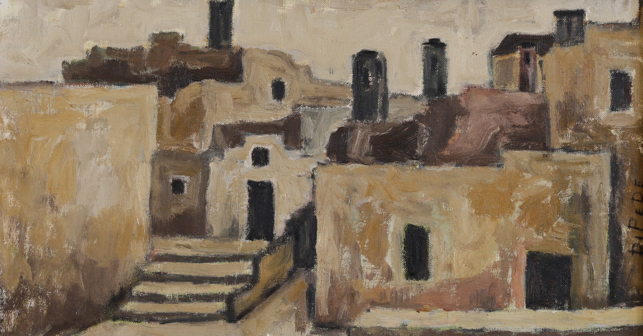 Vintage Art Room Original European Village Oil Painting from Sweden 1960's