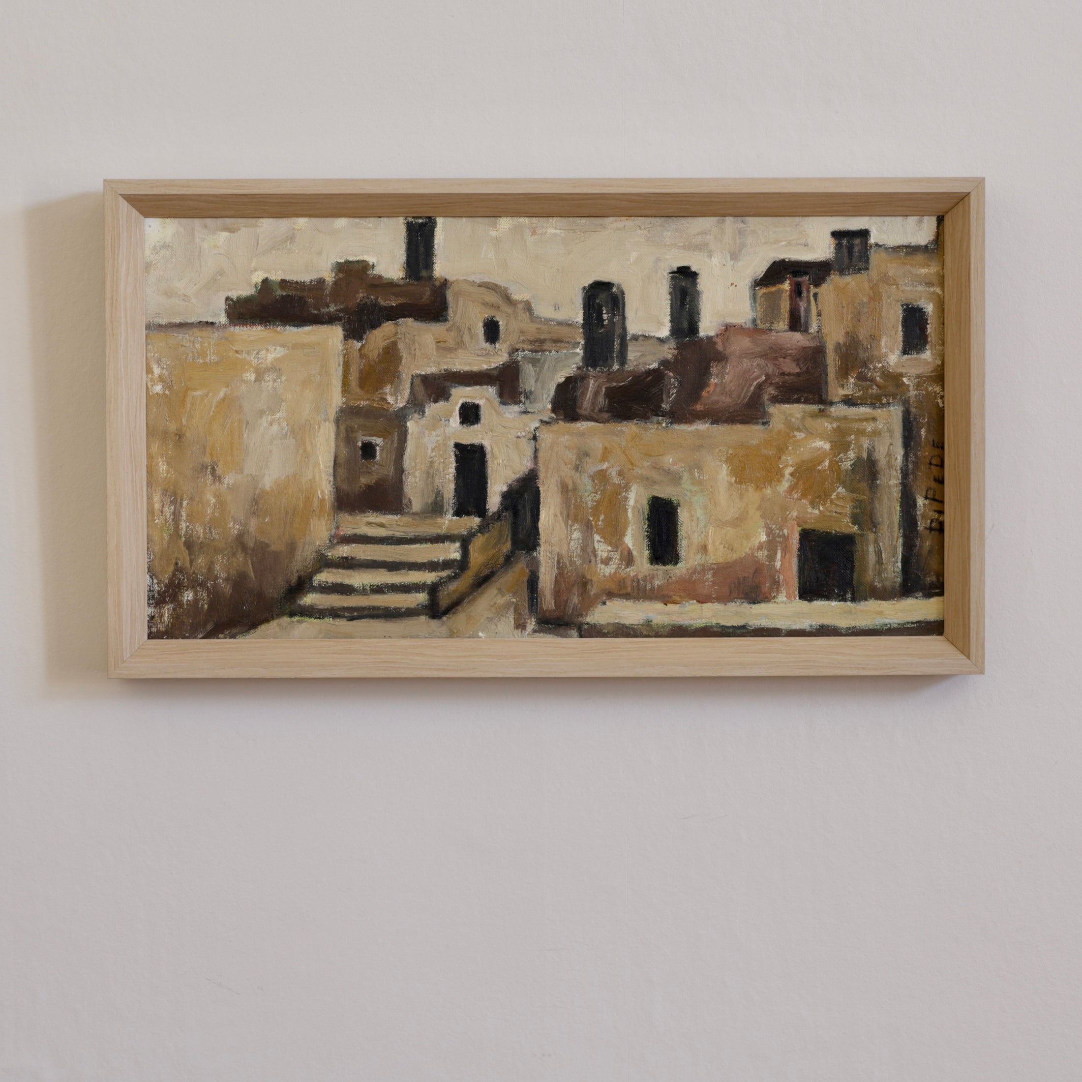 Vintage Art Room Original European Village Oil Painting from Sweden 1960's