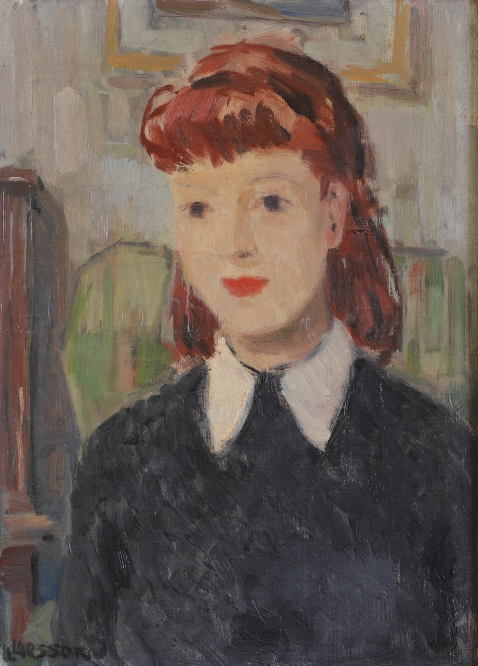 Mid Century Portrait Oil Painting By L Larsson Sweden