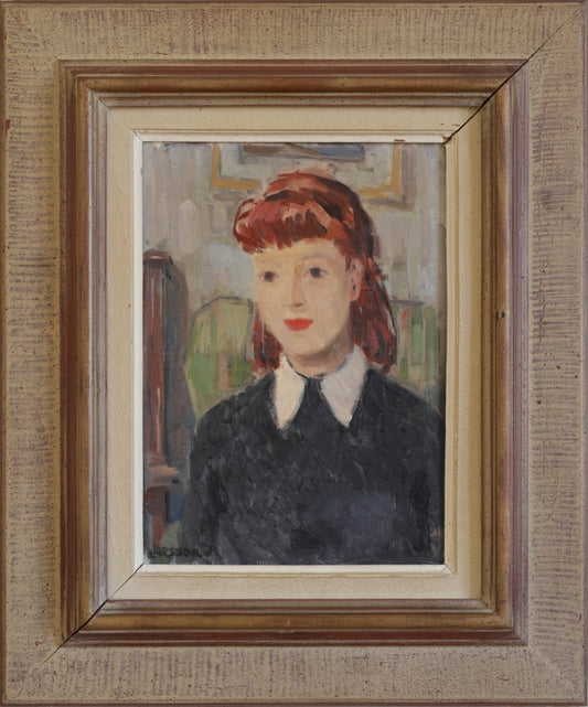 Mid Century Portrait Oil Painting By L Larsson Sweden