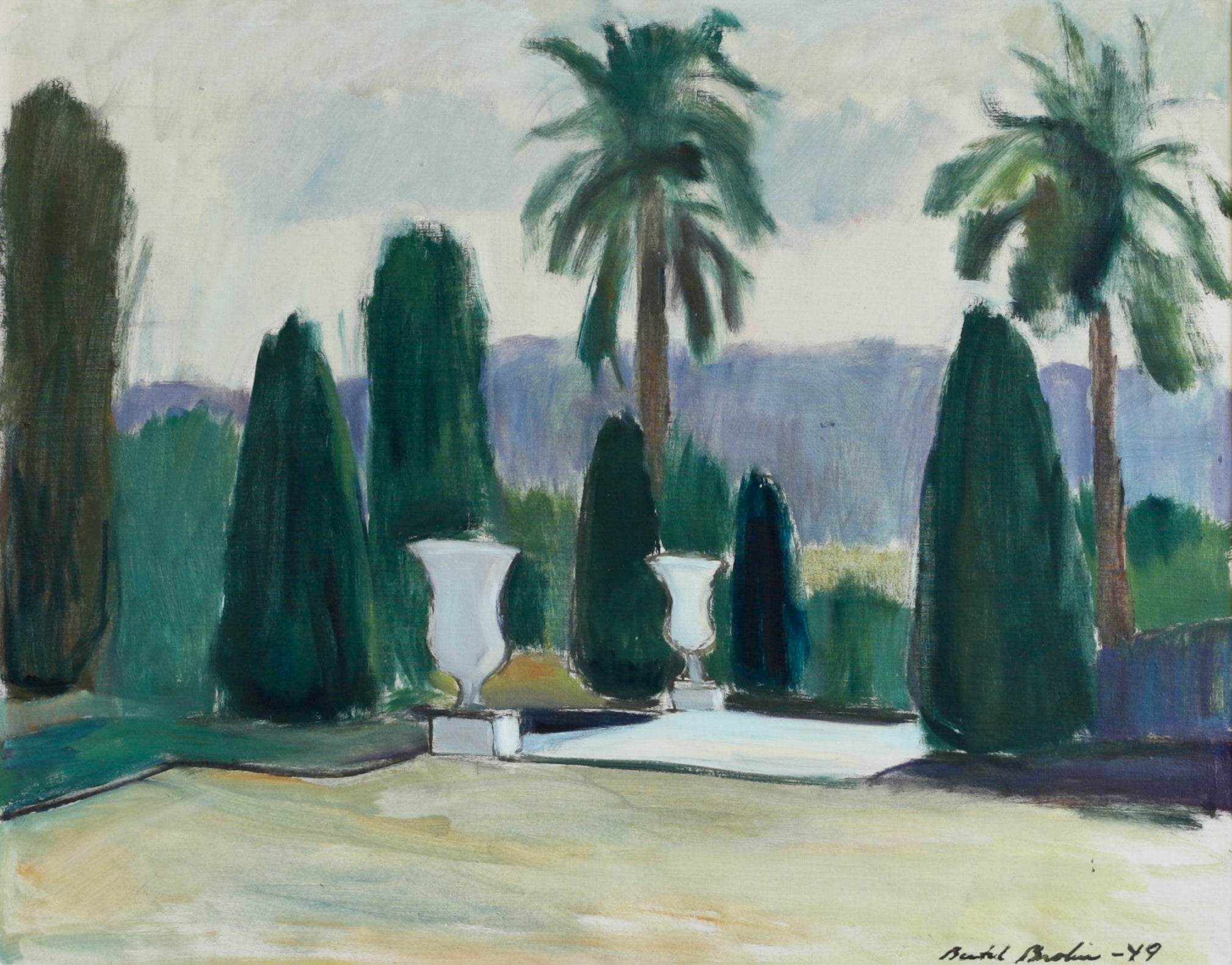 Vintage Original Garden Scene Oil Painting from Sweden 1940's