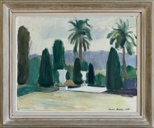 Vintage Original Garden Scene Oil Painting from Sweden 1940's