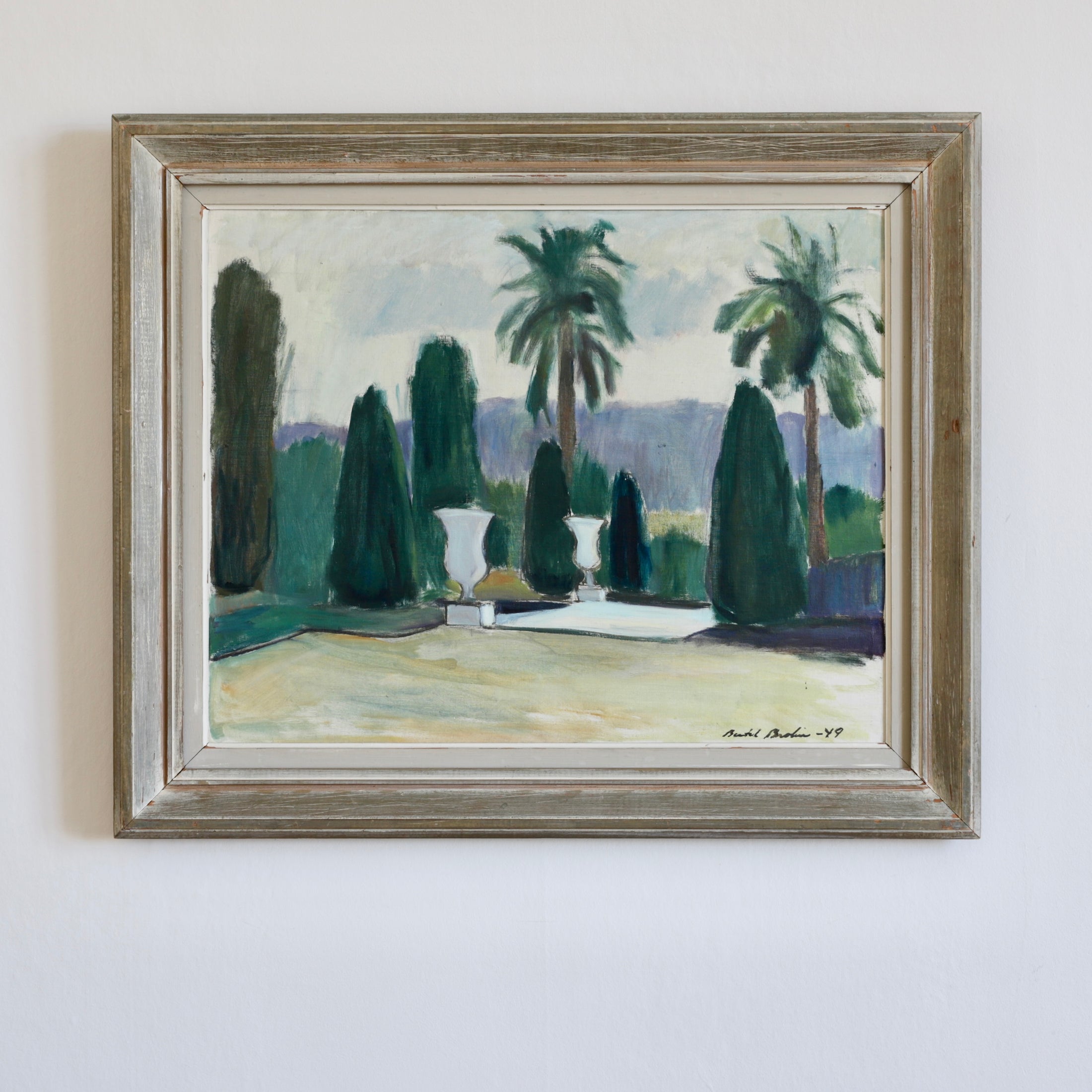 Vintage Original Garden Scene Oil Painting from Sweden 1940's