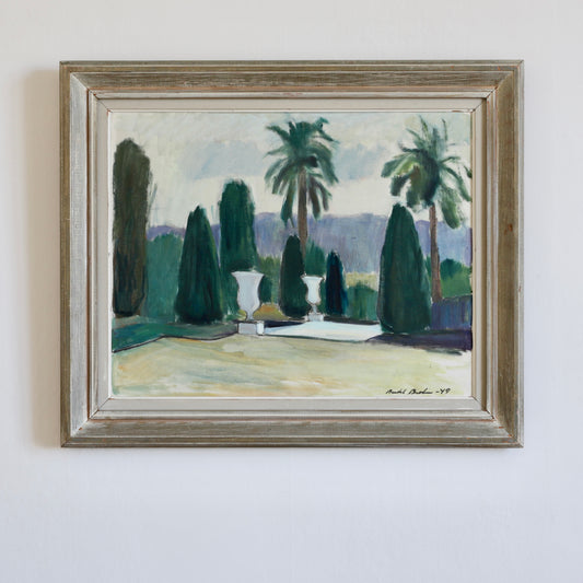 Vintage Original Garden Scene Oil Painting from Sweden 1940's