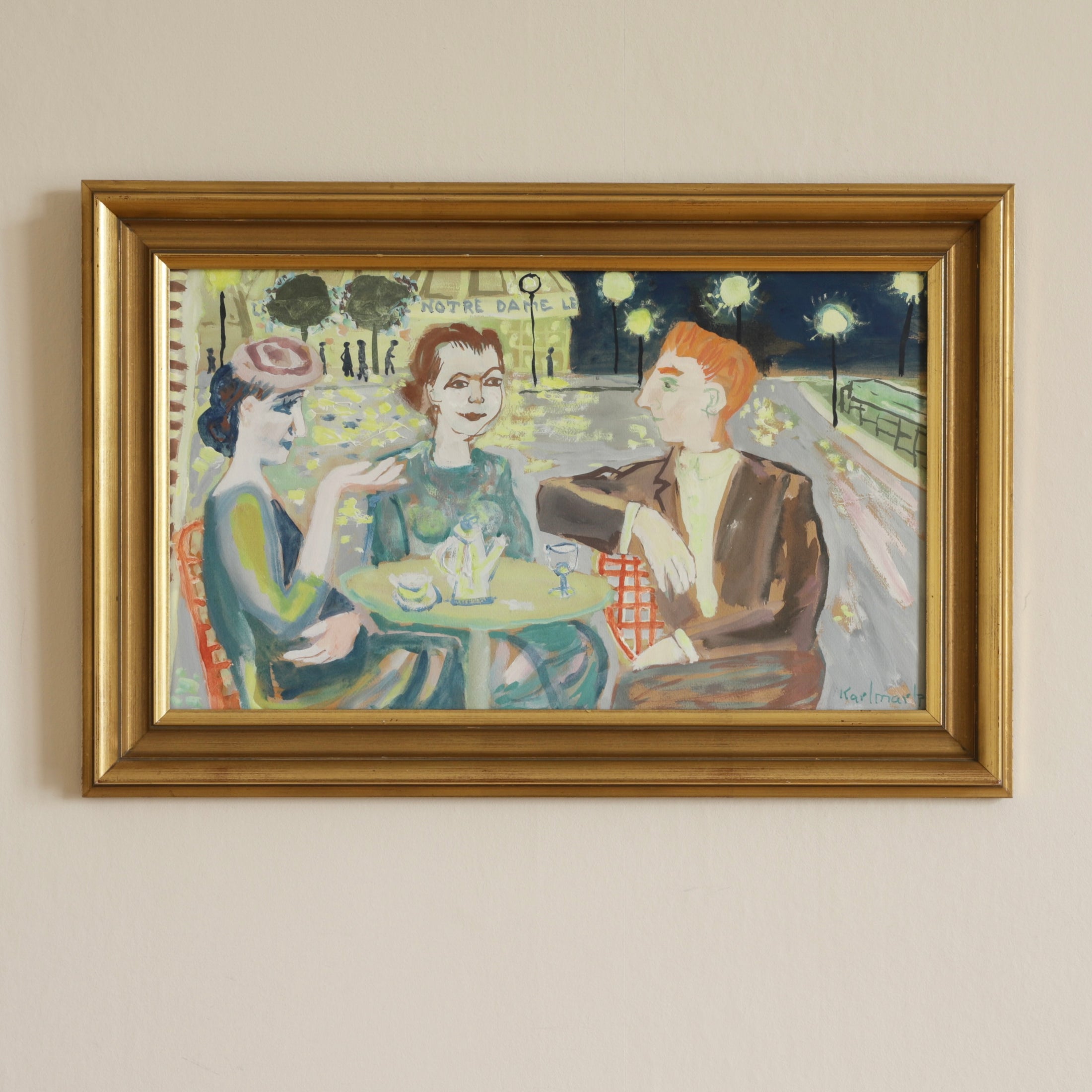 Mid Century Vintage Original Painting of Parisian Cafe 1956