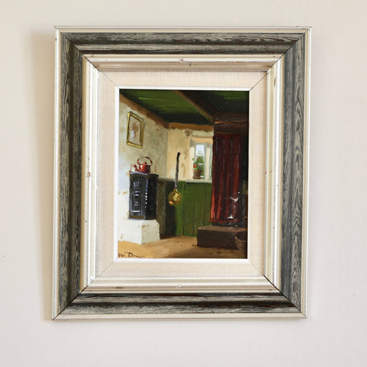 Original Vintage Farmhouse Interior Oil Painting from Sweden