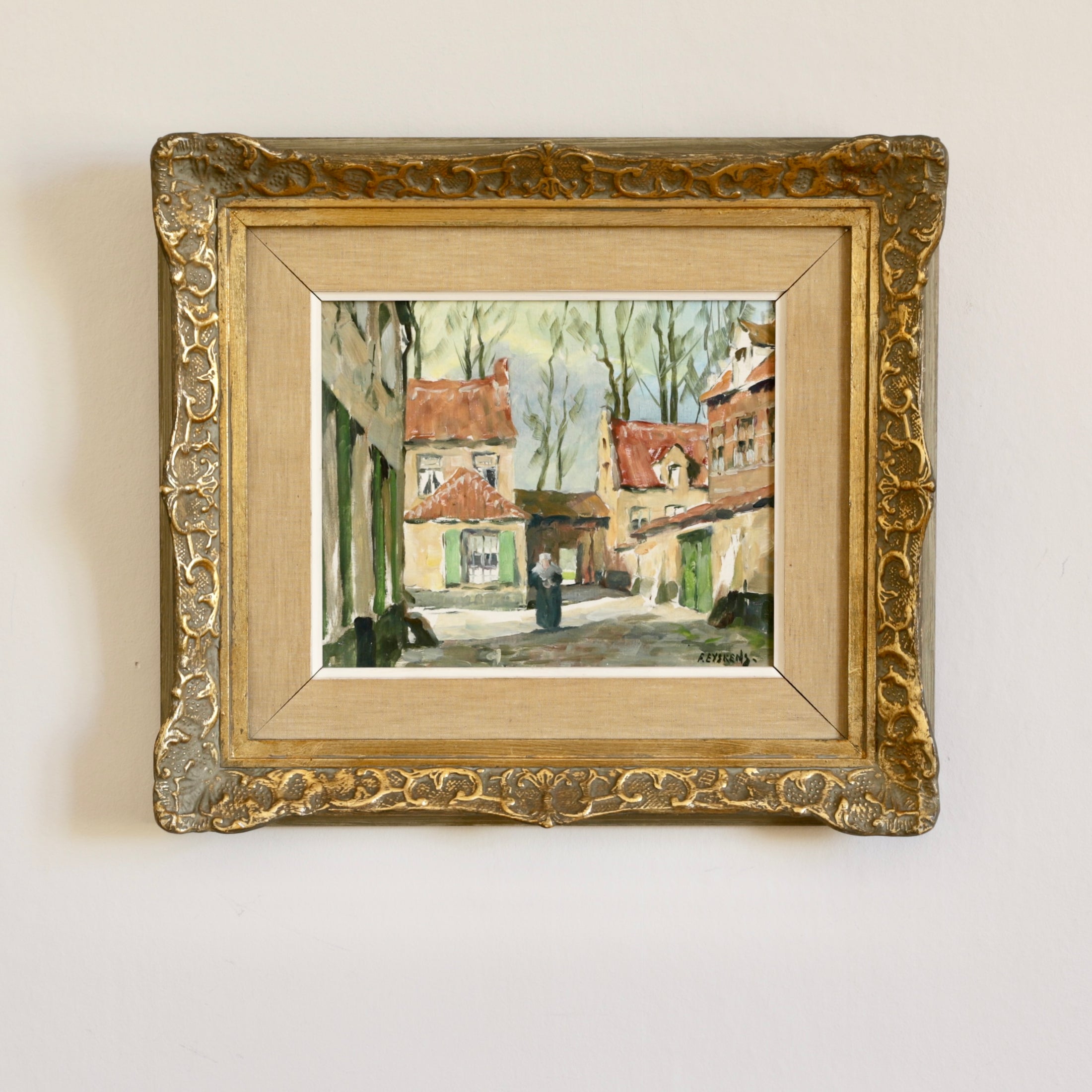 Vintage Art Original Charming Cityscape Oil Painting from Sweden
