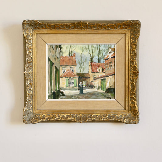 Vintage Art Original Charming Cityscape Oil Painting from Sweden