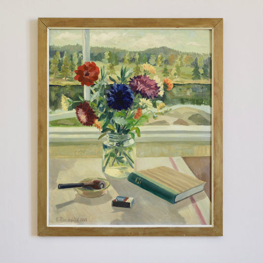 Vintage Mid Century Interior Oil Painting Dated 1955 from Sweden