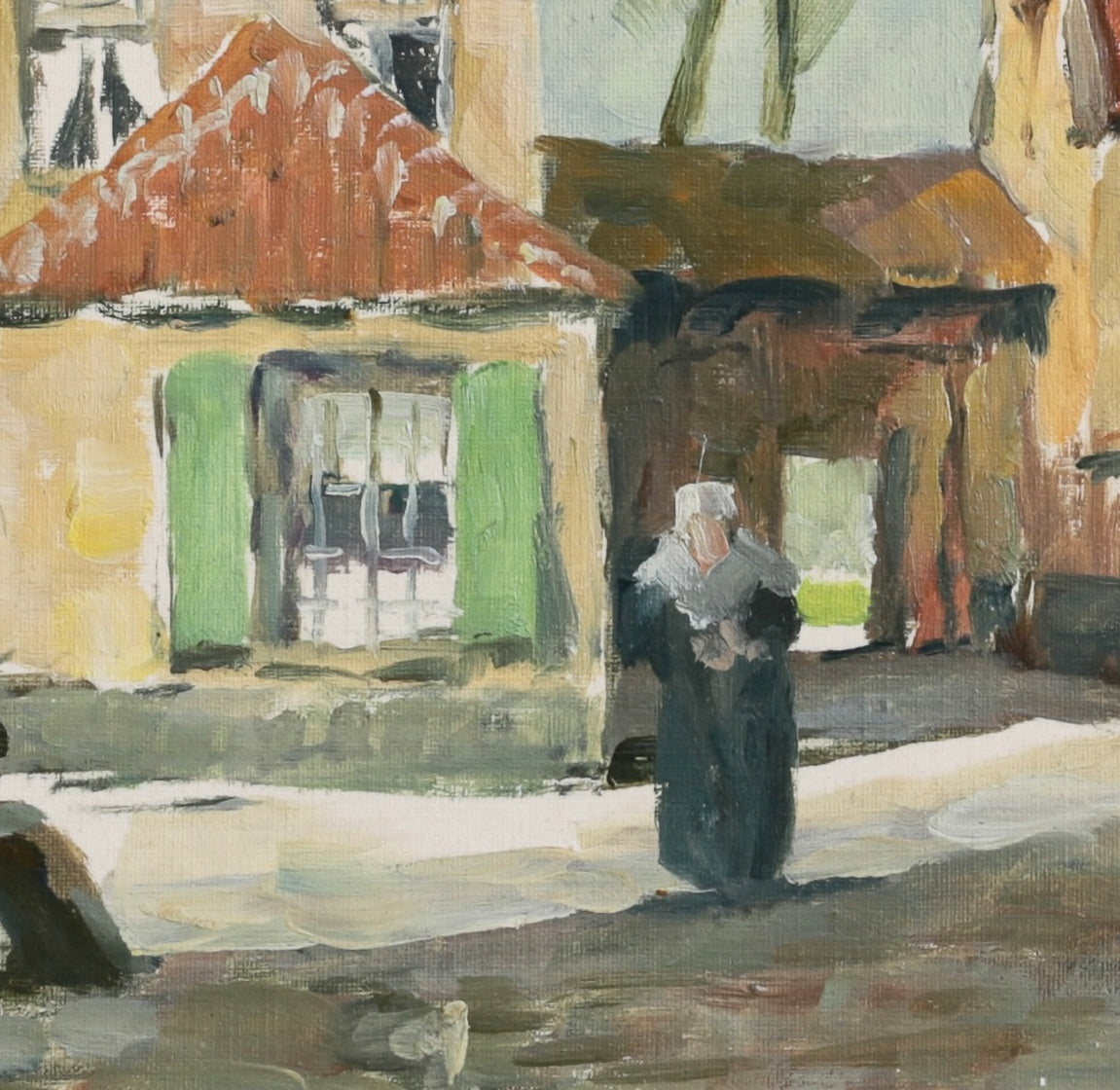 Vintage Art Original Charming Cityscape Oil Painting from Sweden