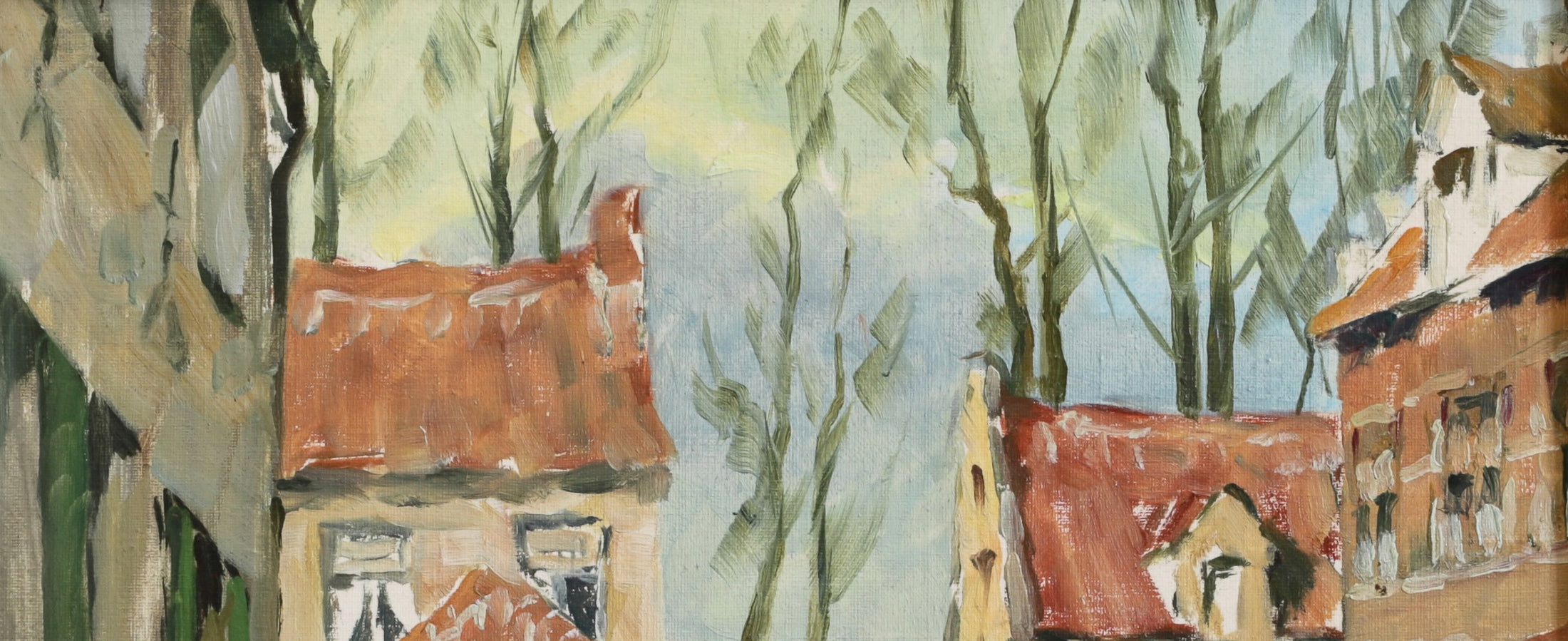 Vintage Art Original Charming Cityscape Oil Painting from Sweden
