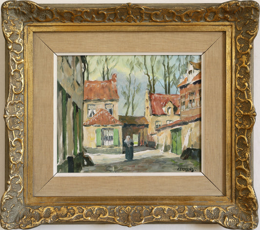 Vintage Art Original Charming Cityscape Oil Painting from Sweden