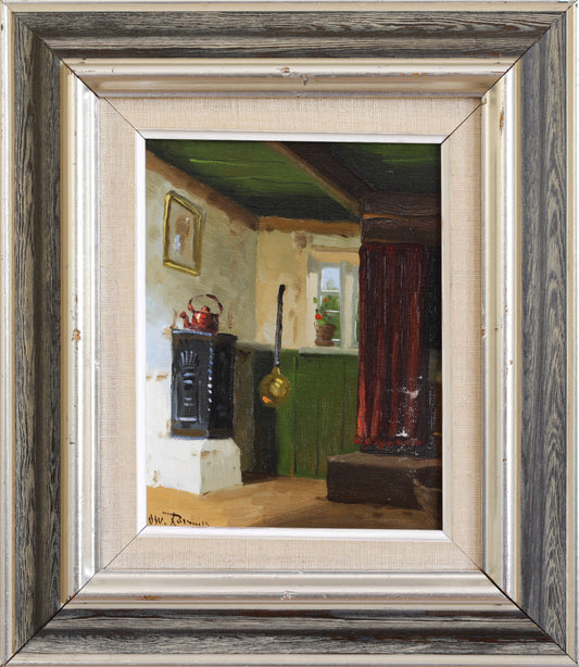 Original Vintage Farmhouse Interior Oil Painting from Sweden